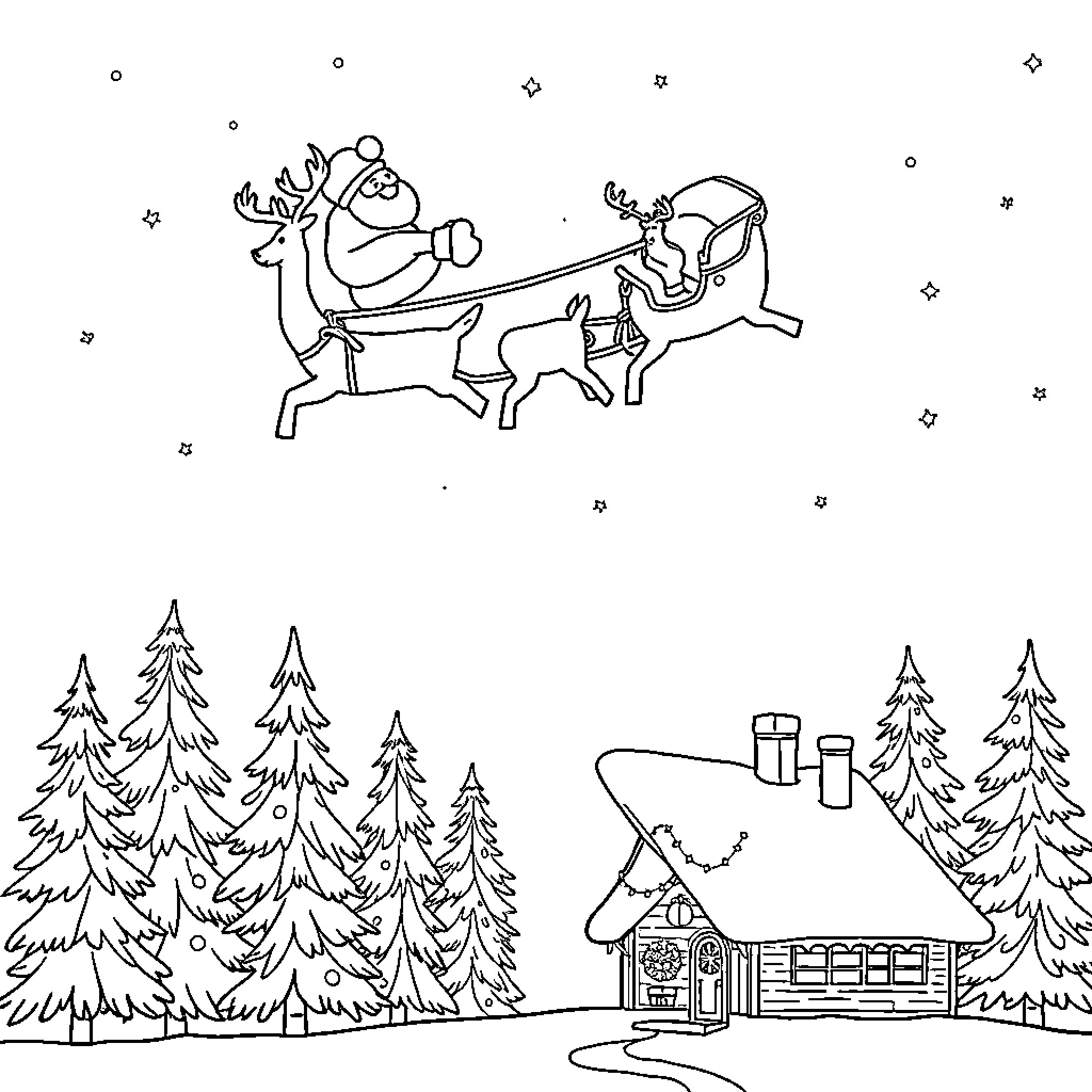 Sleigh ride through a snowy forest with a cozy cabin Coloring Page (free black-and-white line drawing printable PDF for all, from beginners to advanced learners, including children, teens, adults, and seniors)