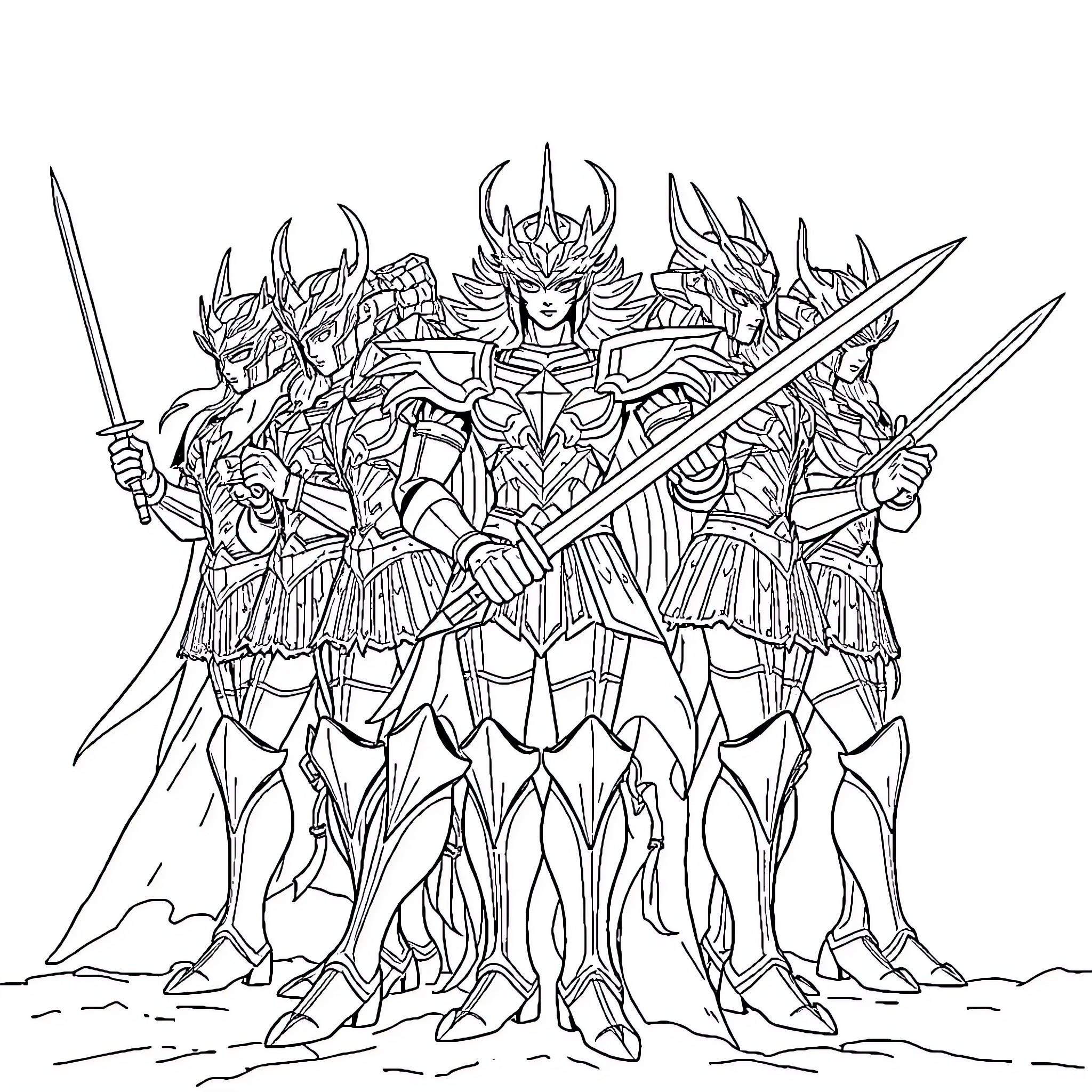Caballero Warriors in Elaborate Armor and Battle Gear Coloring Page (free black-and-white line drawing printable PDF for all, from beginners to advanced learners, including children, teens, adults, and seniors)