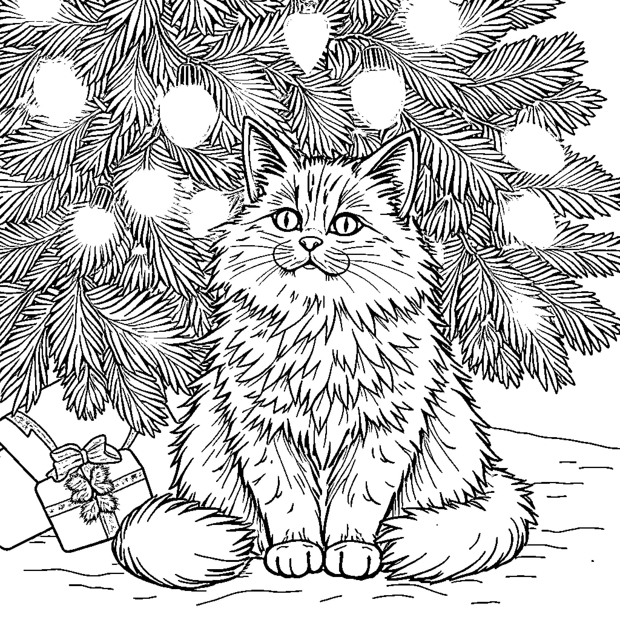 Cat in Winter Wonderland Coloring Page (free black-and-white line drawing printable PDF for all, from beginners to advanced learners, including children, teens, adults, and seniors)