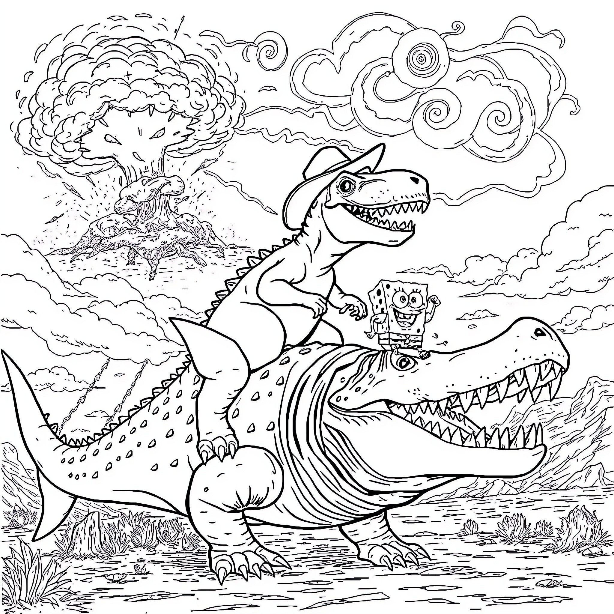 T-Rex Riding a Dinosaur in a Fantastical Landscape Coloring Page (free black-and-white line drawing printable PDF for all, from beginners to advanced learners, including children, teens, adults, and seniors)