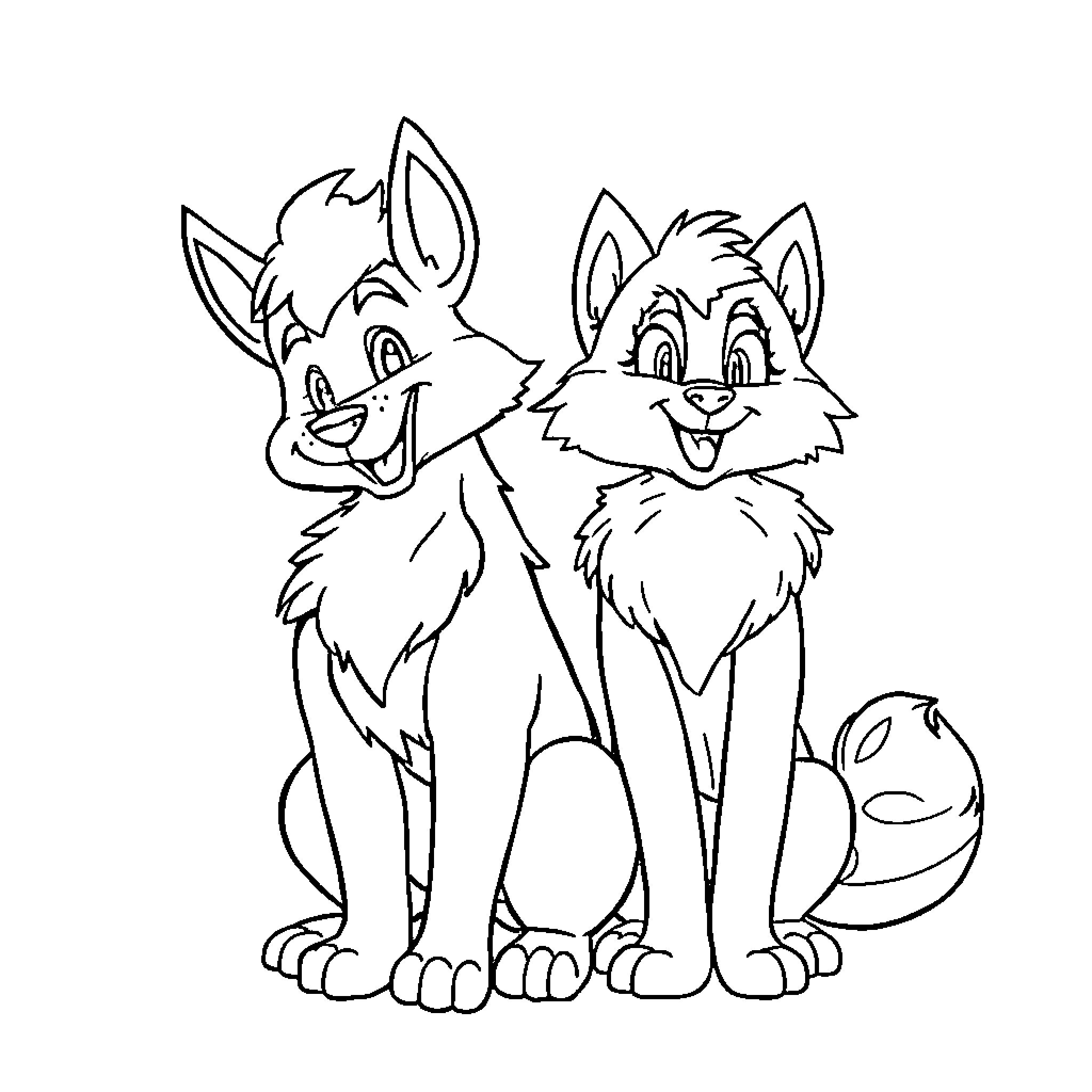 Therian wolves playing joyfully together Coloring Page (free black-and-white line drawing printable PDF for all, from beginners to advanced learners, including children, teens, adults, and seniors)