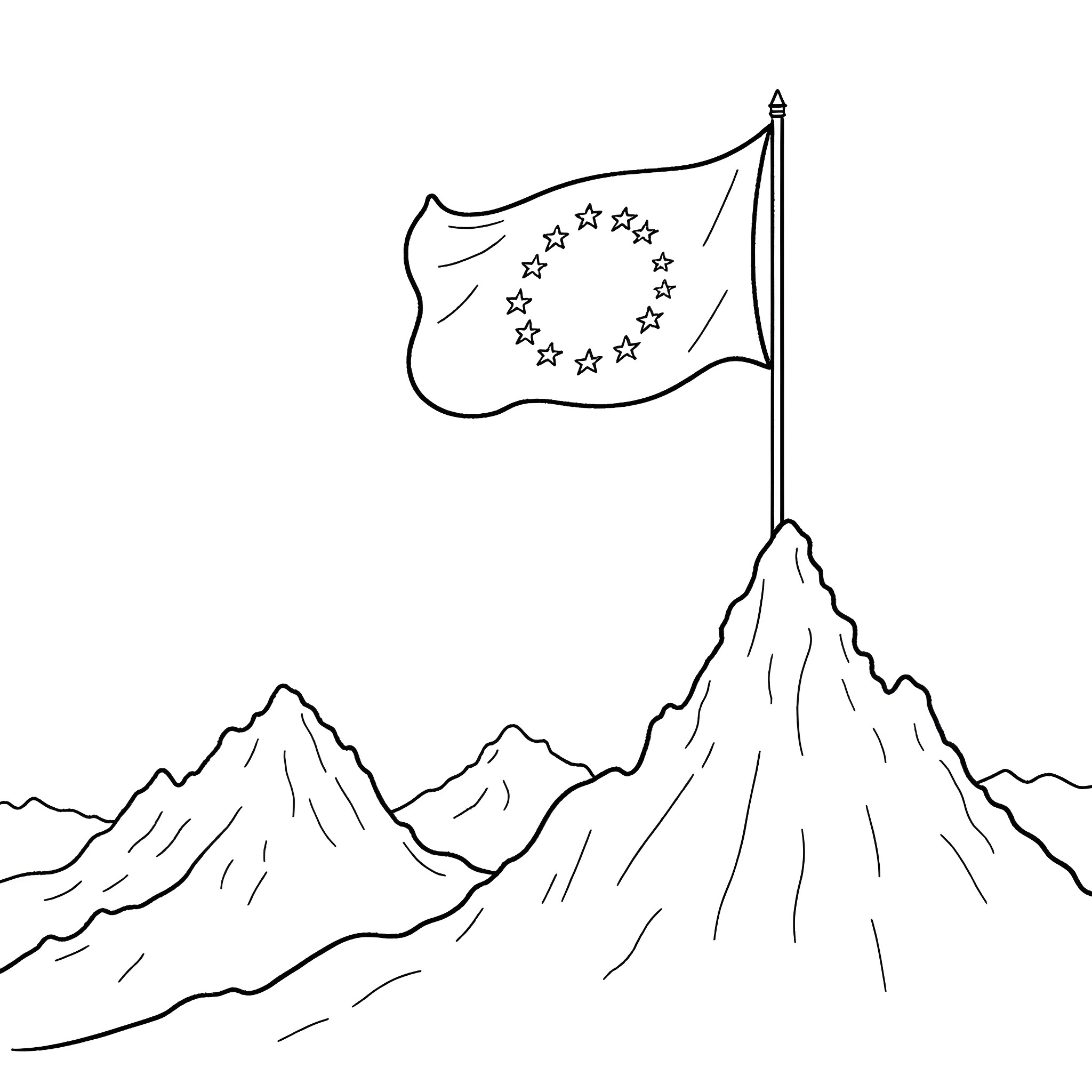 Flag Waving Proudly Over Majestic Mountains Coloring Page (free black-and-white line drawing printable PDF for all, from beginners to advanced learners, including children, teens, adults, and seniors)