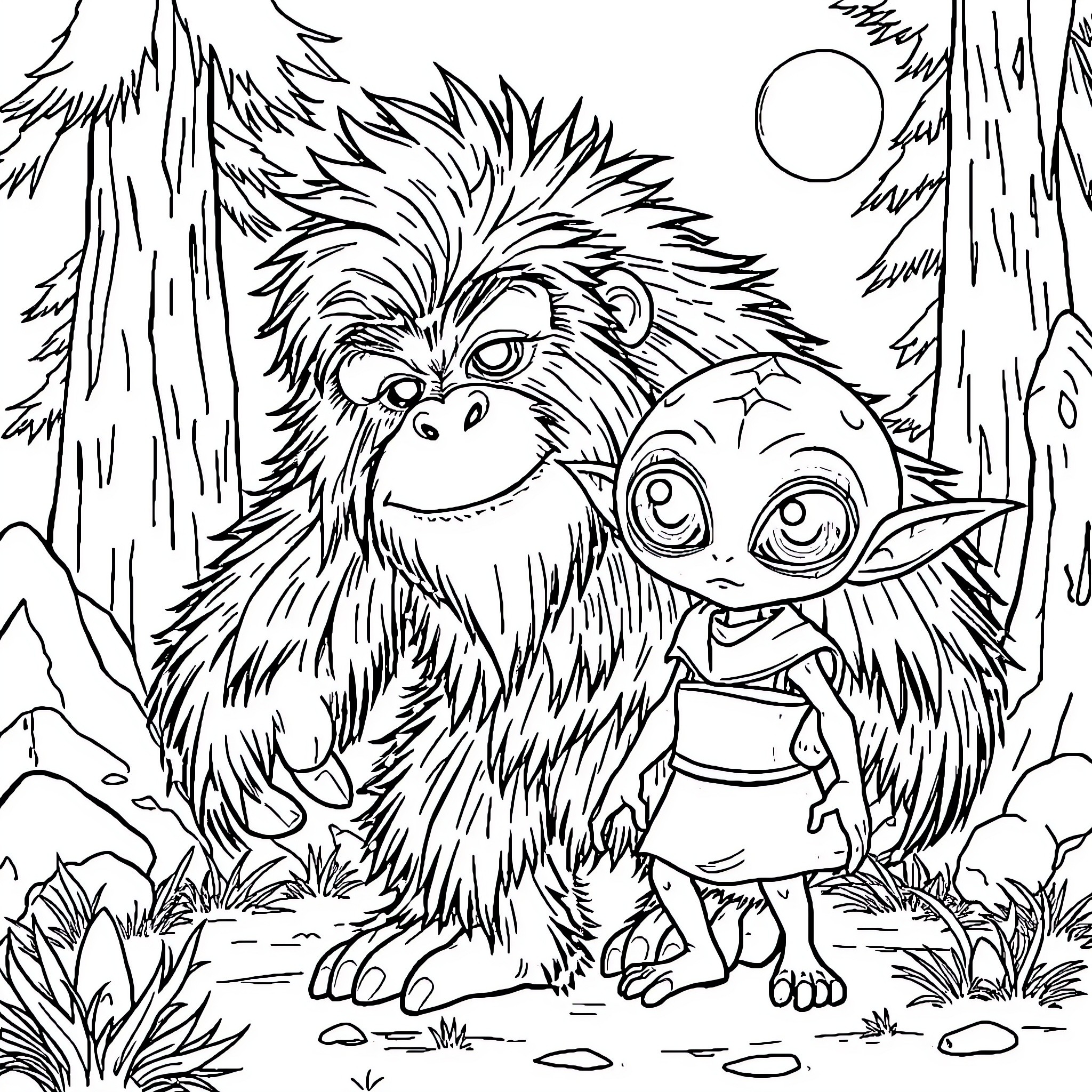 Sasquatch and Tiny Creature in Forest Coloring Page (free black-and-white line drawing printable PDF for all, from beginners to advanced learners, including children, teens, adults, and seniors)