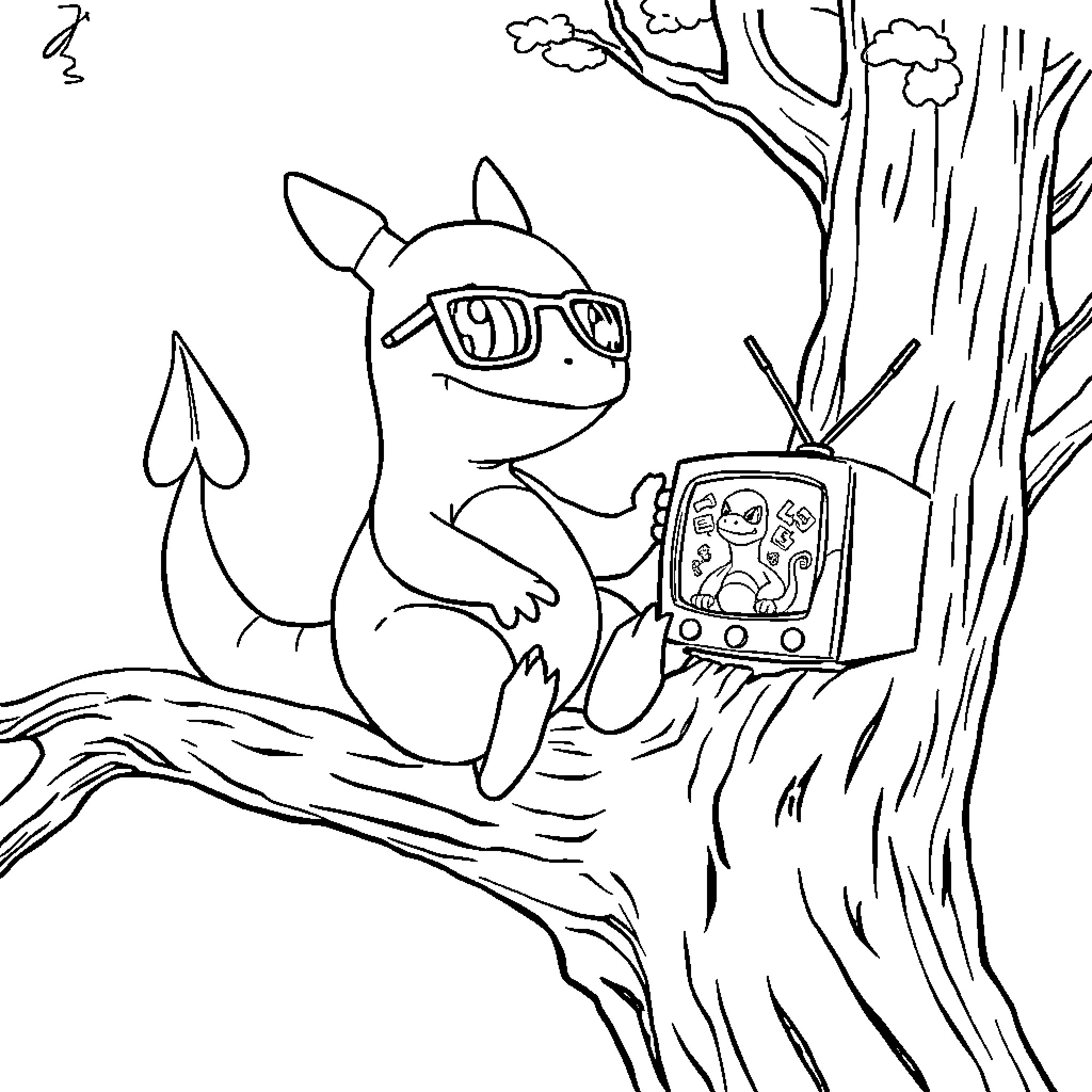 Charmander watching TV in the forest Coloring Page (free black-and-white line drawing printable PDF for all, from beginners to advanced learners, including children, teens, adults, and seniors)