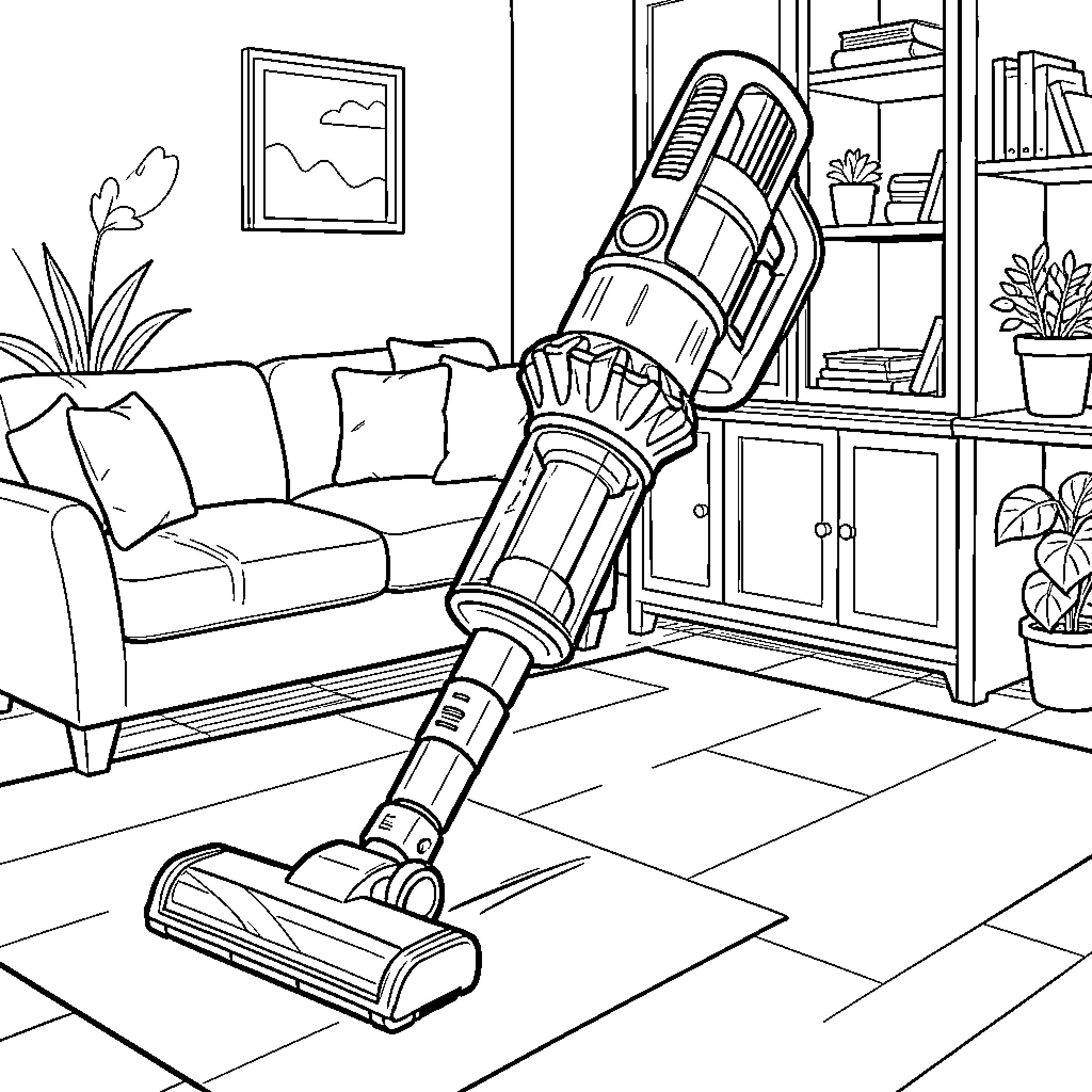 Vacuum Cleaner standing in a modern living room Coloring Page (free black-and-white line drawing printable PDF for all, from beginners to advanced learners, including children, teens, adults, and seniors)