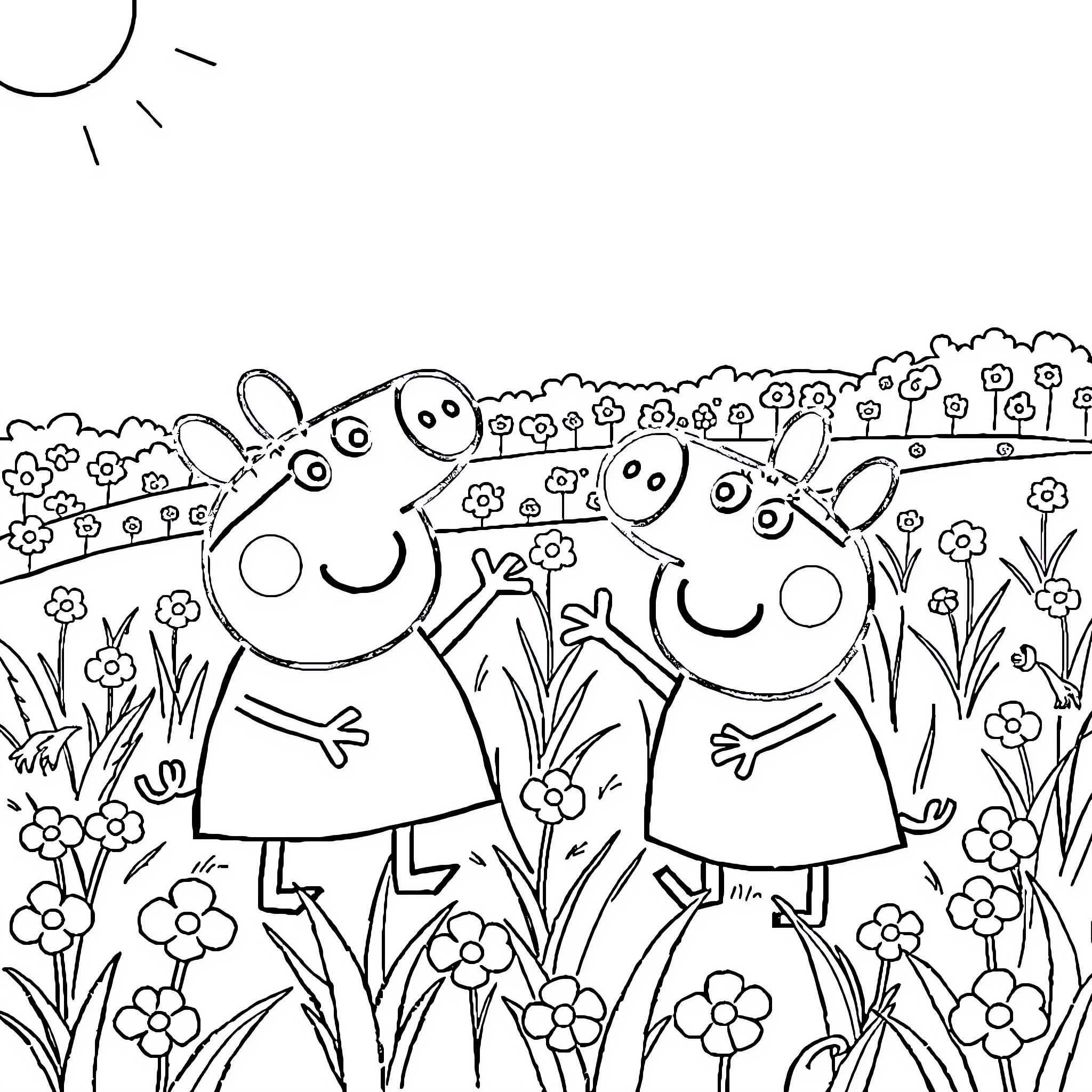 Peppa Pig and friends enjoying a flower-filled meadow Coloring Page (free black-and-white line drawing printable PDF for all, from beginners to advanced learners, including children, teens, adults, and seniors)