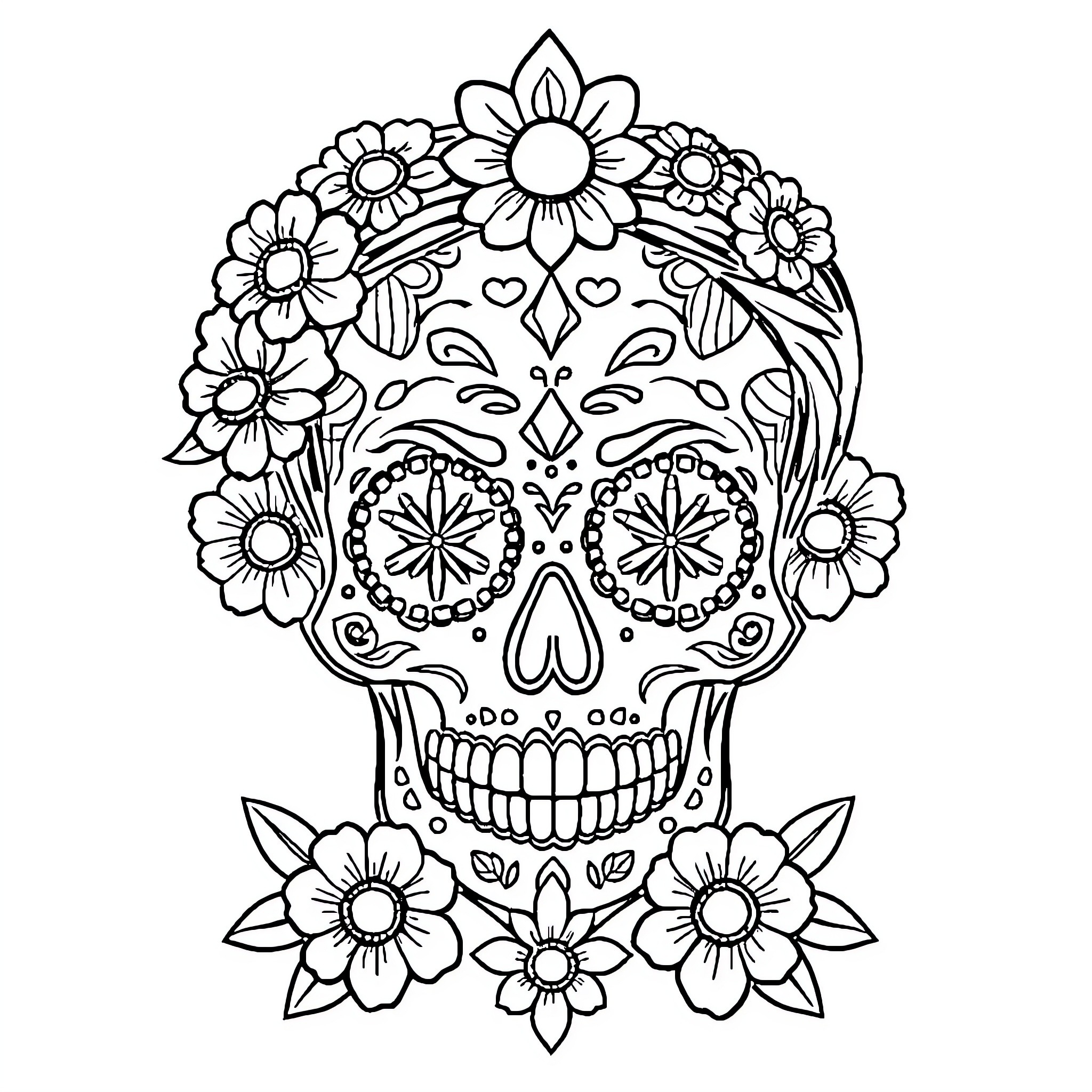 Sailor Moon Sugar Skull with Floral Motifs Coloring Page (free black-and-white line drawing printable PDF for all, from beginners to advanced learners, including children, teens, adults, and seniors)
