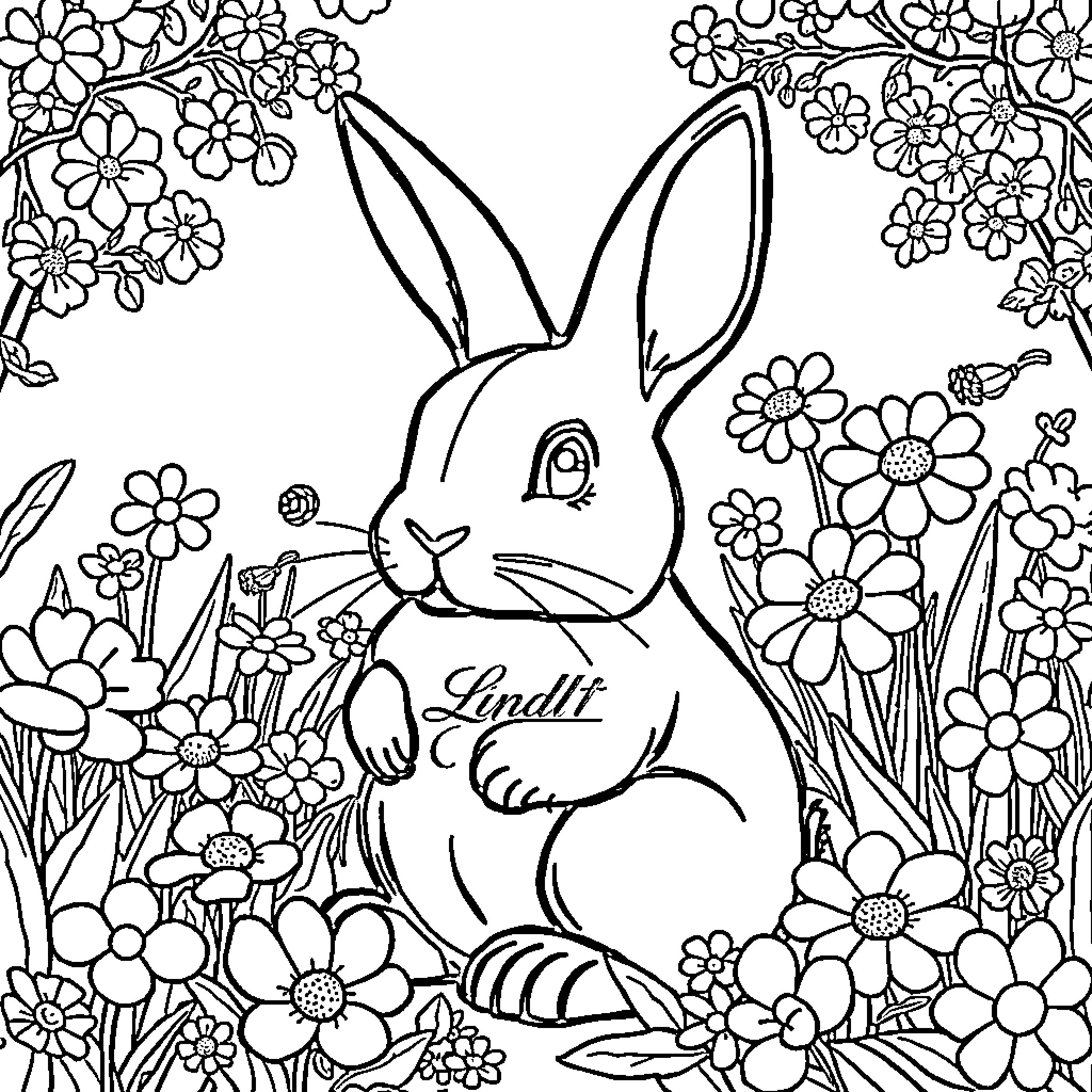 Bunny in a floral garden Coloring Page (free black-and-white line drawing printable PDF for all, from beginners to advanced learners, including children, teens, adults, and seniors)