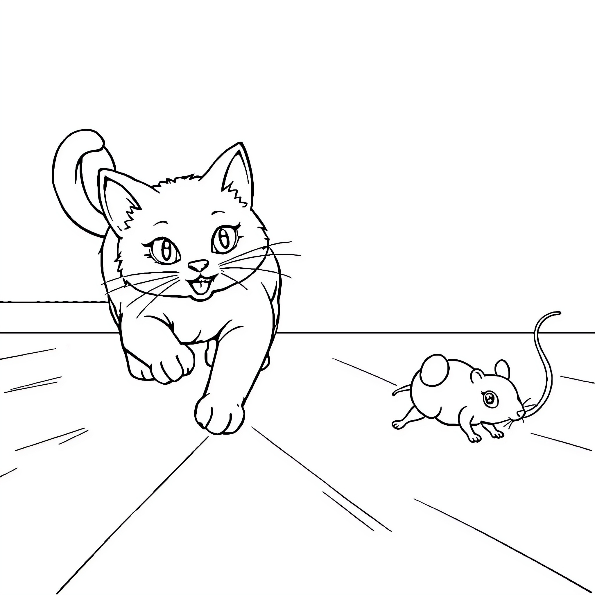 Cat chasing mouse in playful chase Coloring Page (free black-and-white line drawing printable PDF for all, from beginners to advanced learners, including children, teens, adults, and seniors)