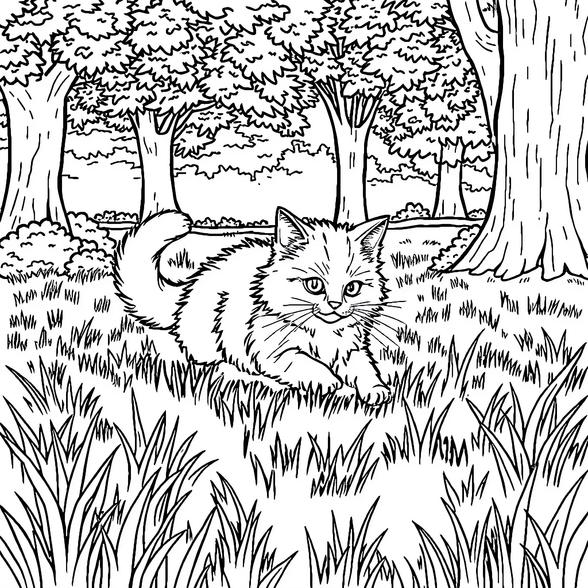 Cat Exploring Lush Forest Scenery Coloring Page (free black-and-white line drawing printable PDF for all, from beginners to advanced learners, including children, teens, adults, and seniors)
