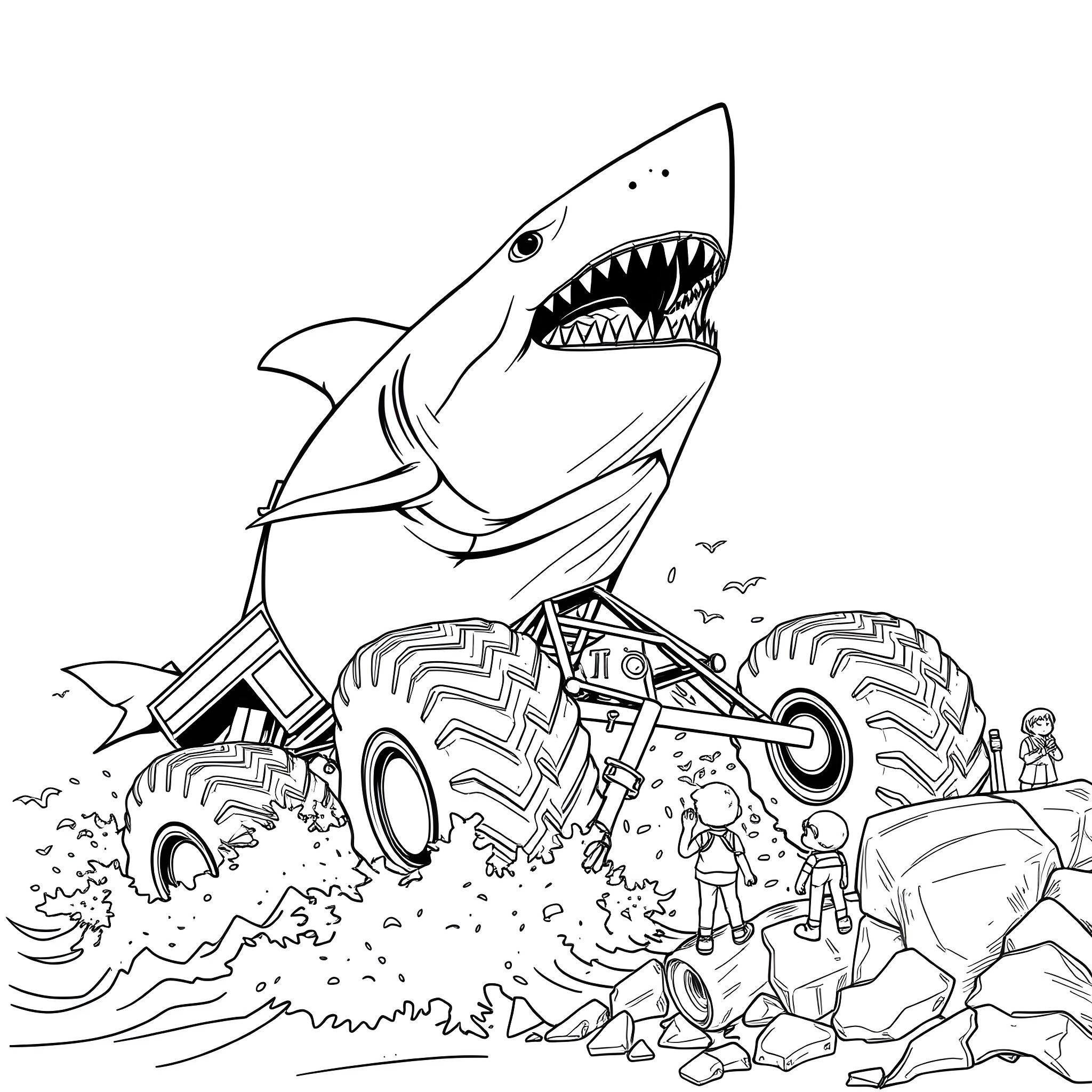 Shark monster truck crushing vehicles on rocky terrain Coloring Page (free black-and-white line drawing printable PDF for all, from beginners to advanced learners, including children, teens, adults, and seniors)
