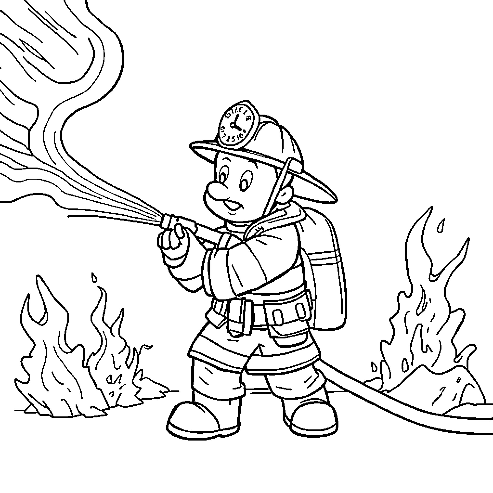 Firefighter extinguishing a fire with water hose Coloring Page (free black-and-white line drawing printable PDF for all, from beginners to advanced learners, including children, teens, adults, and seniors)