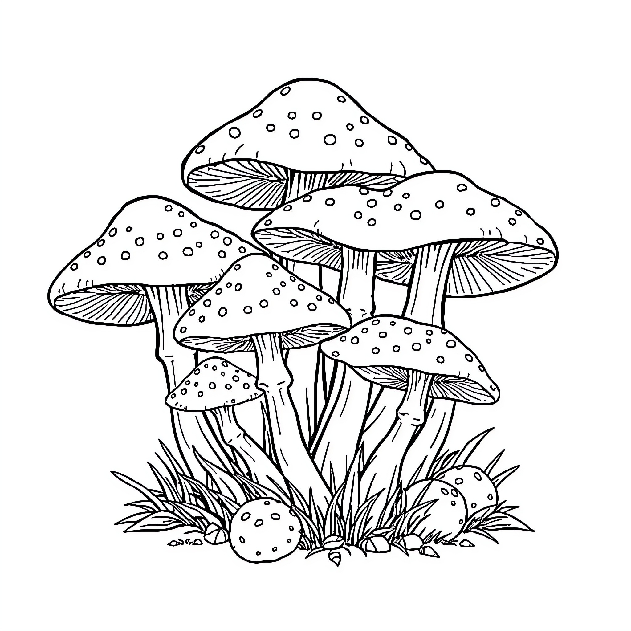 Mushroom cluster growing in the forest Coloring Page (free black-and-white line drawing printable PDF for all, from beginners to advanced learners, including children, teens, adults, and seniors)