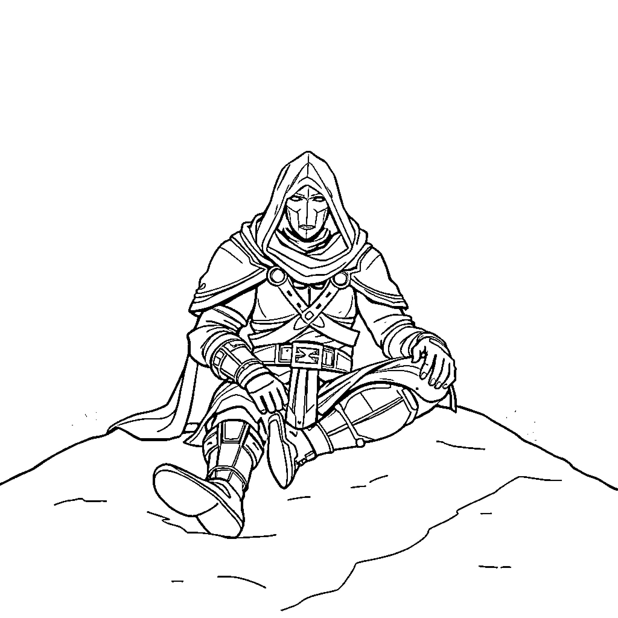 Warlock sitting in contemplation on a rocky outcrop Coloring Page (free black-and-white line drawing printable PDF for all, from beginners to advanced learners, including children, teens, adults, and seniors)
