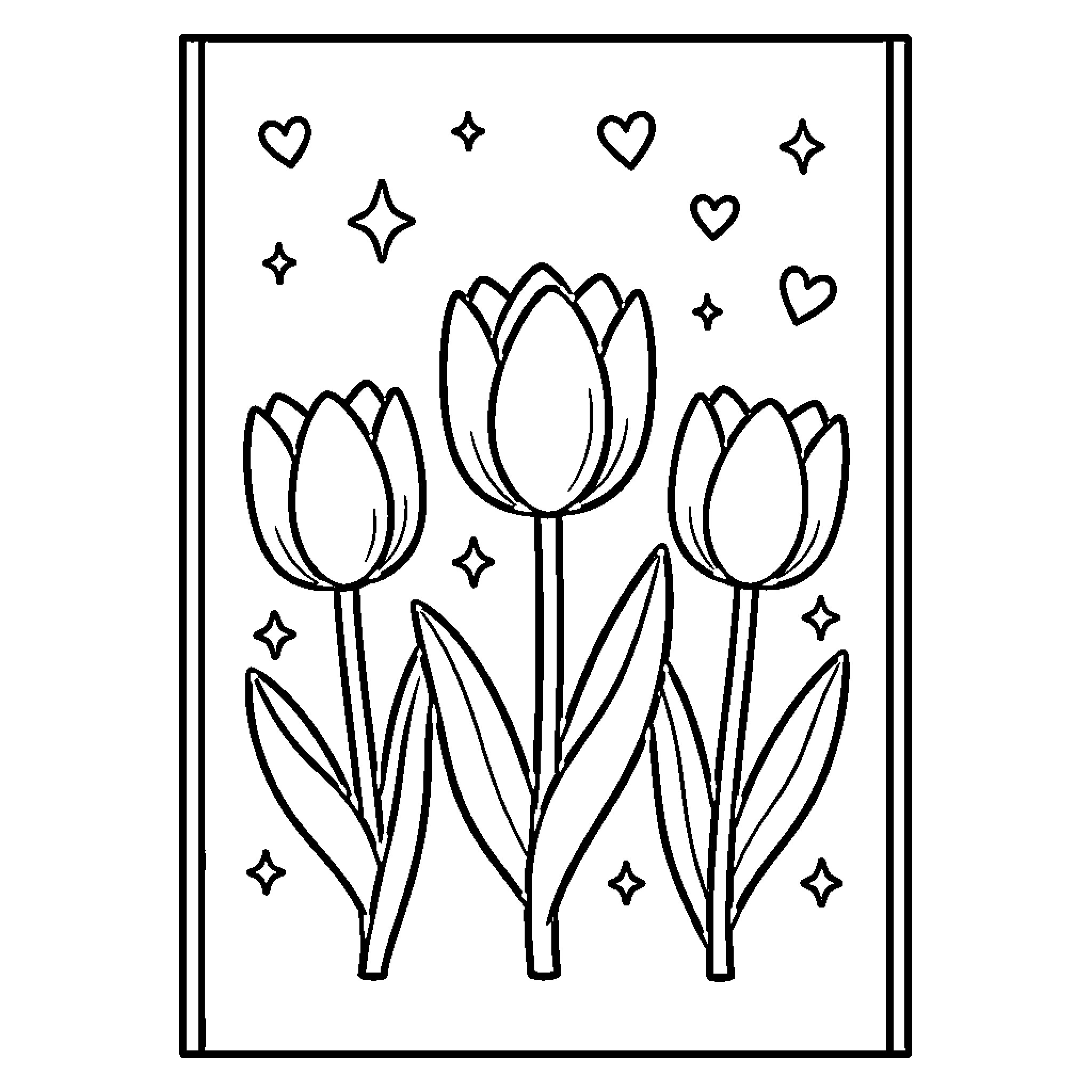 Tulip flowers blooming among floating hearts and stars Coloring Page (free black-and-white line drawing printable PDF for all, from beginners to advanced learners, including children, teens, adults, and seniors)