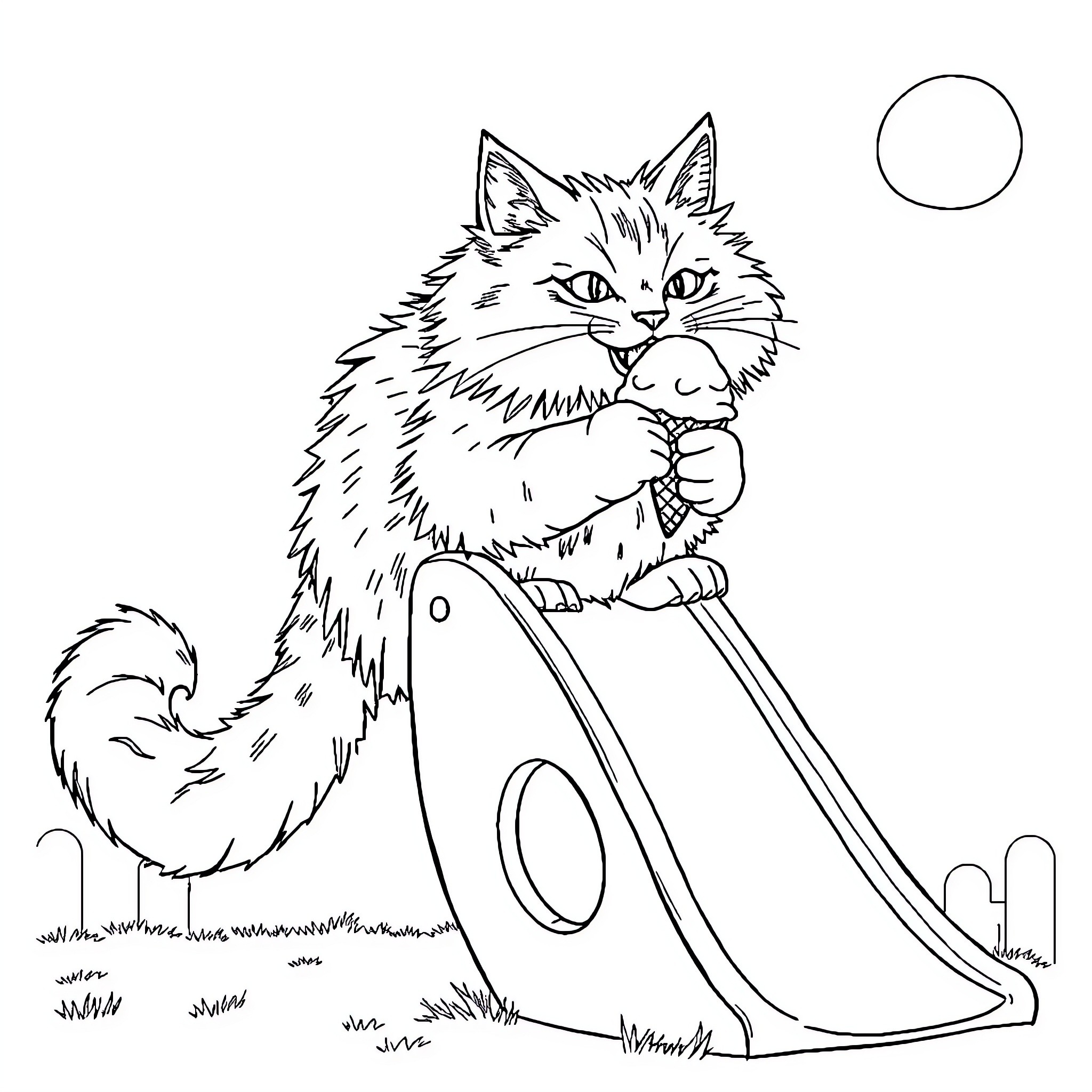 Cat playing on a slide in the park Coloring Page (free black-and-white line drawing printable PDF for all, from beginners to advanced learners, including children, teens, adults, and seniors)