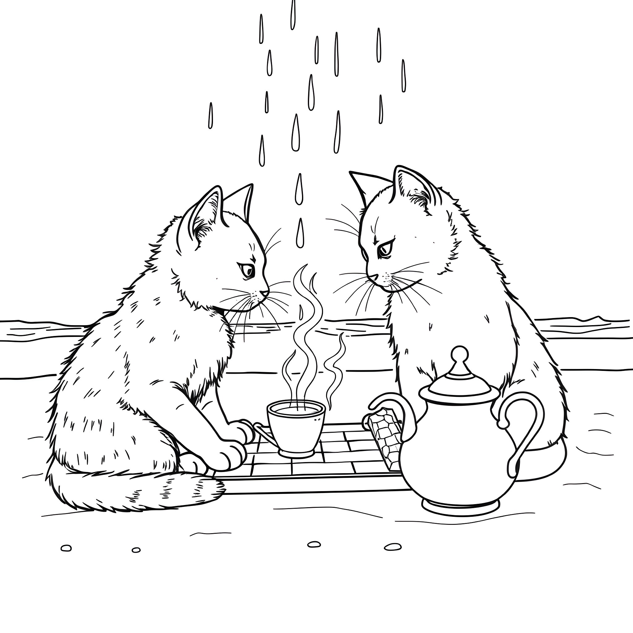 Cats Enjoying a Rainy Day Teatime Coloring Page (free black-and-white line drawing printable PDF for all, from beginners to advanced learners, including children, teens, adults, and seniors)