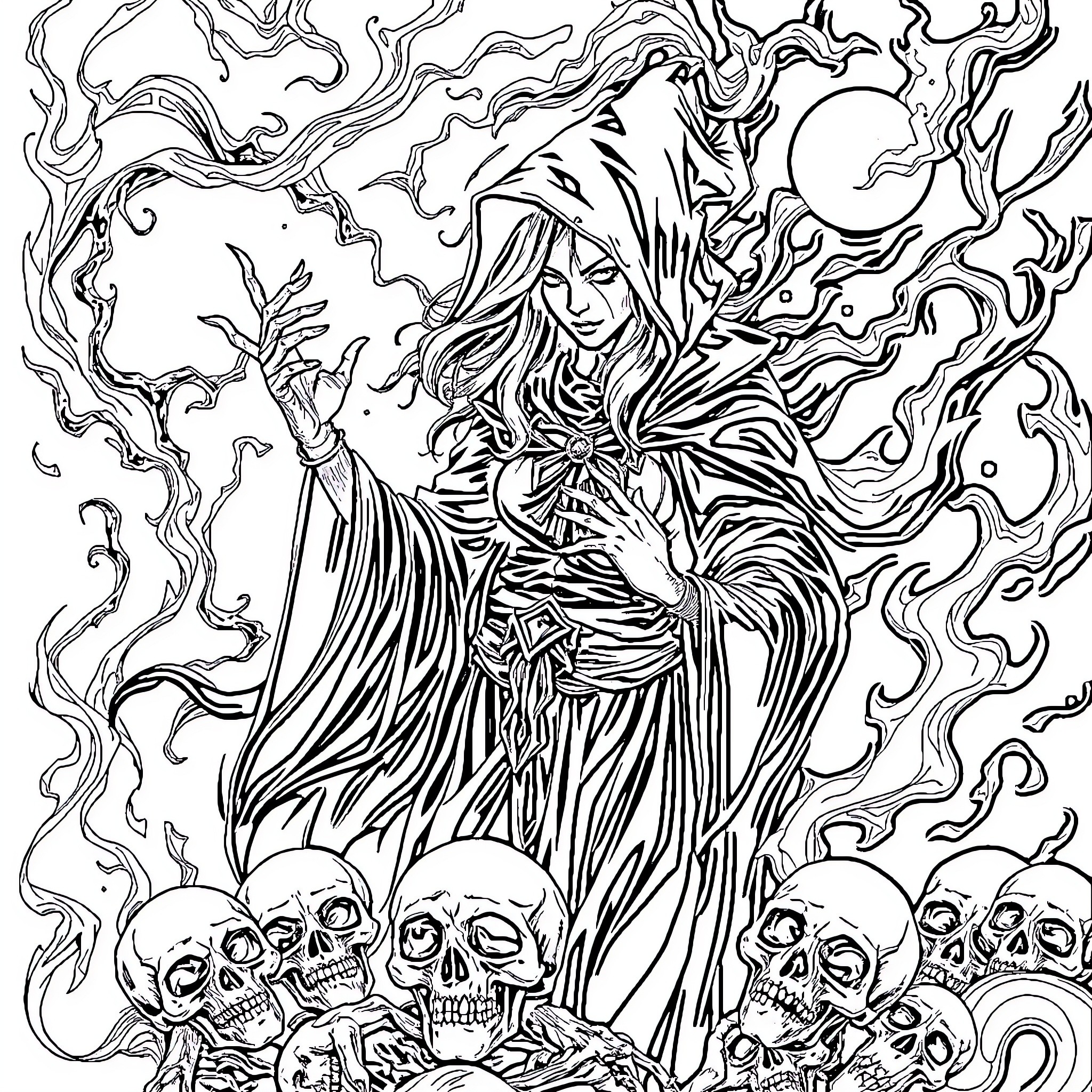 Necromancer summoning undead spirits Coloring Page (free black-and-white line drawing printable PDF for all, from beginners to advanced learners, including children, teens, adults, and seniors)