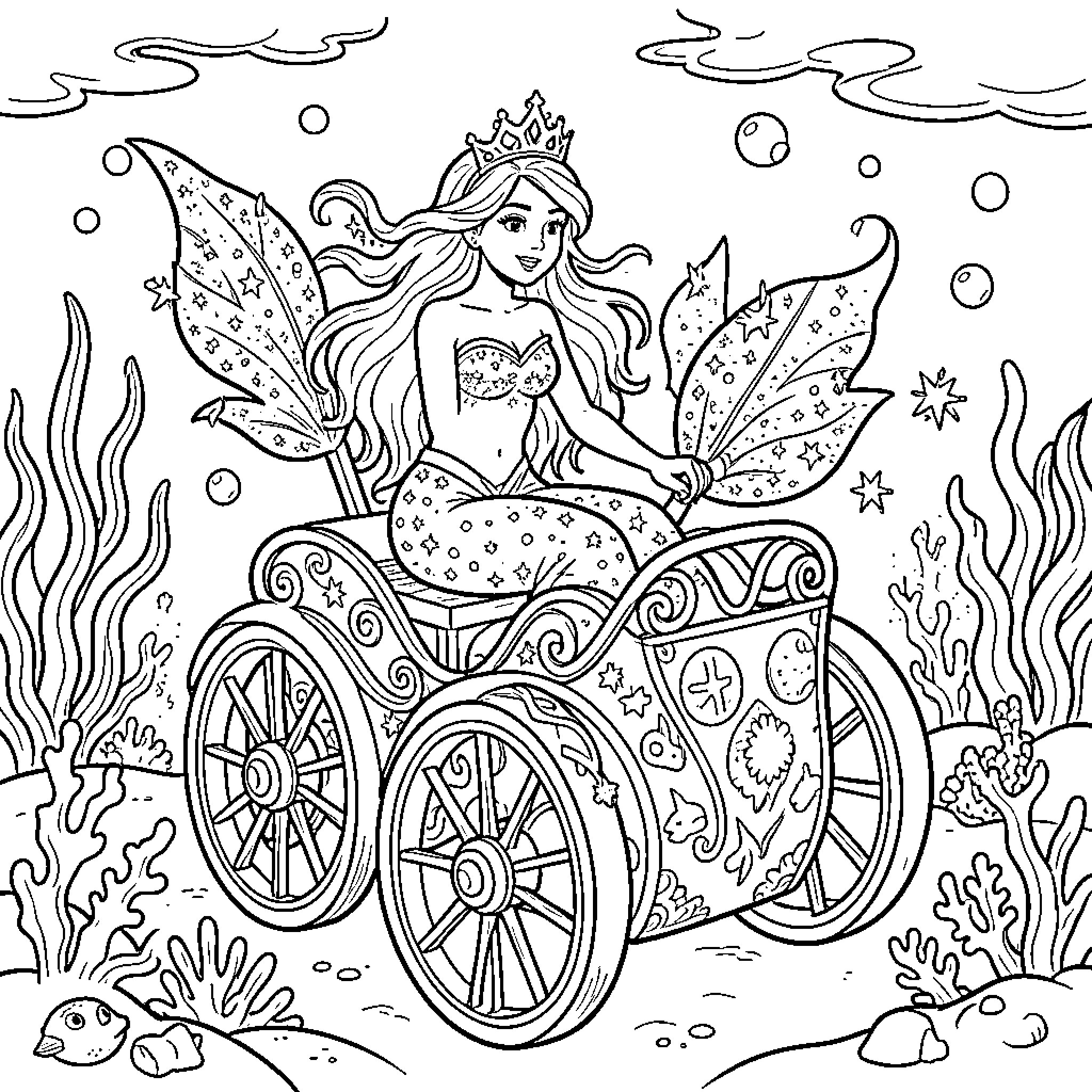 Mermaid riding a carriage in the ocean Coloring Page (free black-and-white line drawing printable PDF for all, from beginners to advanced learners, including children, teens, adults, and seniors)
