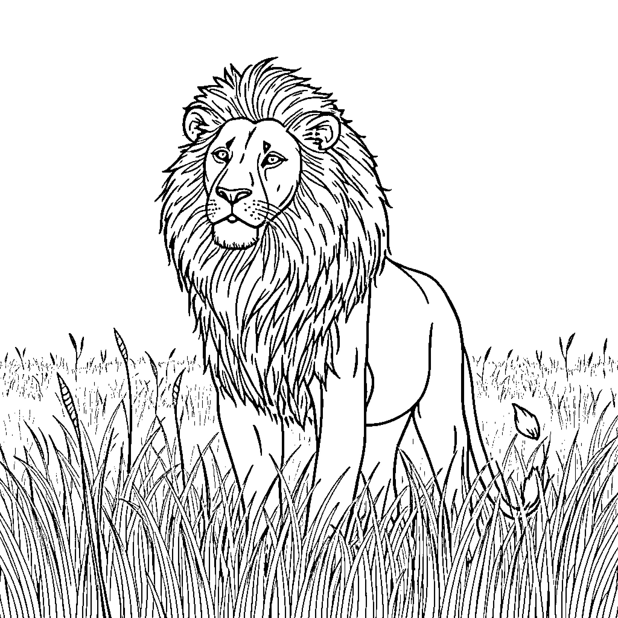 Lion standing majestically in the wild Coloring Page (free black-and-white line drawing printable PDF for all, from beginners to advanced learners, including children, teens, adults, and seniors)