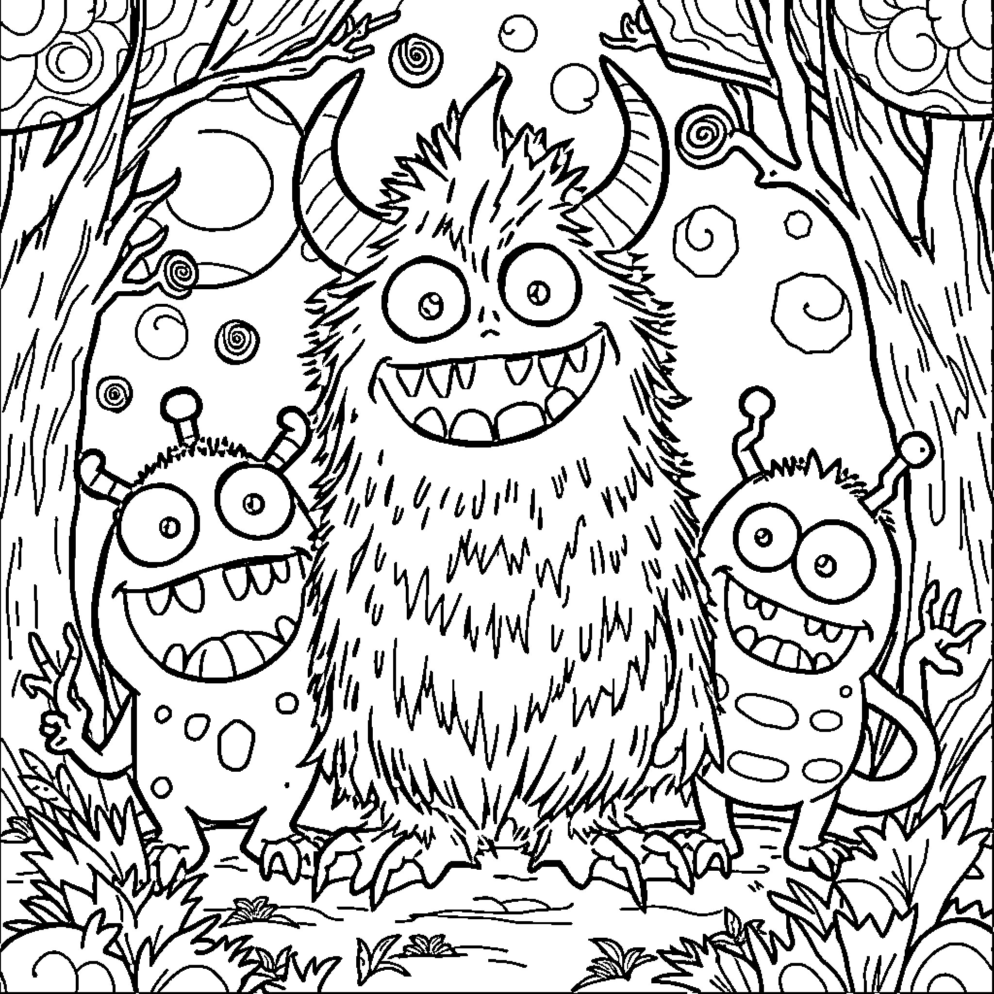 Monster friends in a whimsical forest Coloring Page (free black-and-white line drawing printable PDF for all, from beginners to advanced learners, including children, teens, adults, and seniors)