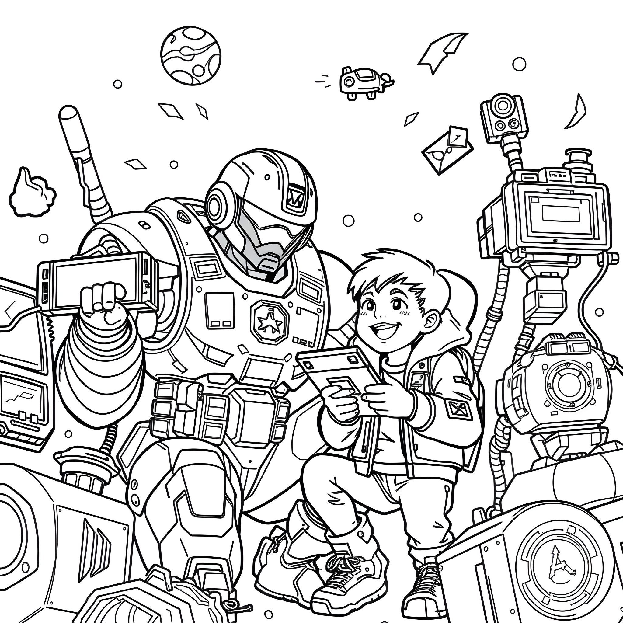 Mecha exploration: Boy and robot on an adventure Coloring Page (free black-and-white line drawing printable PDF for all, from beginners to advanced learners, including children, teens, adults, and seniors)