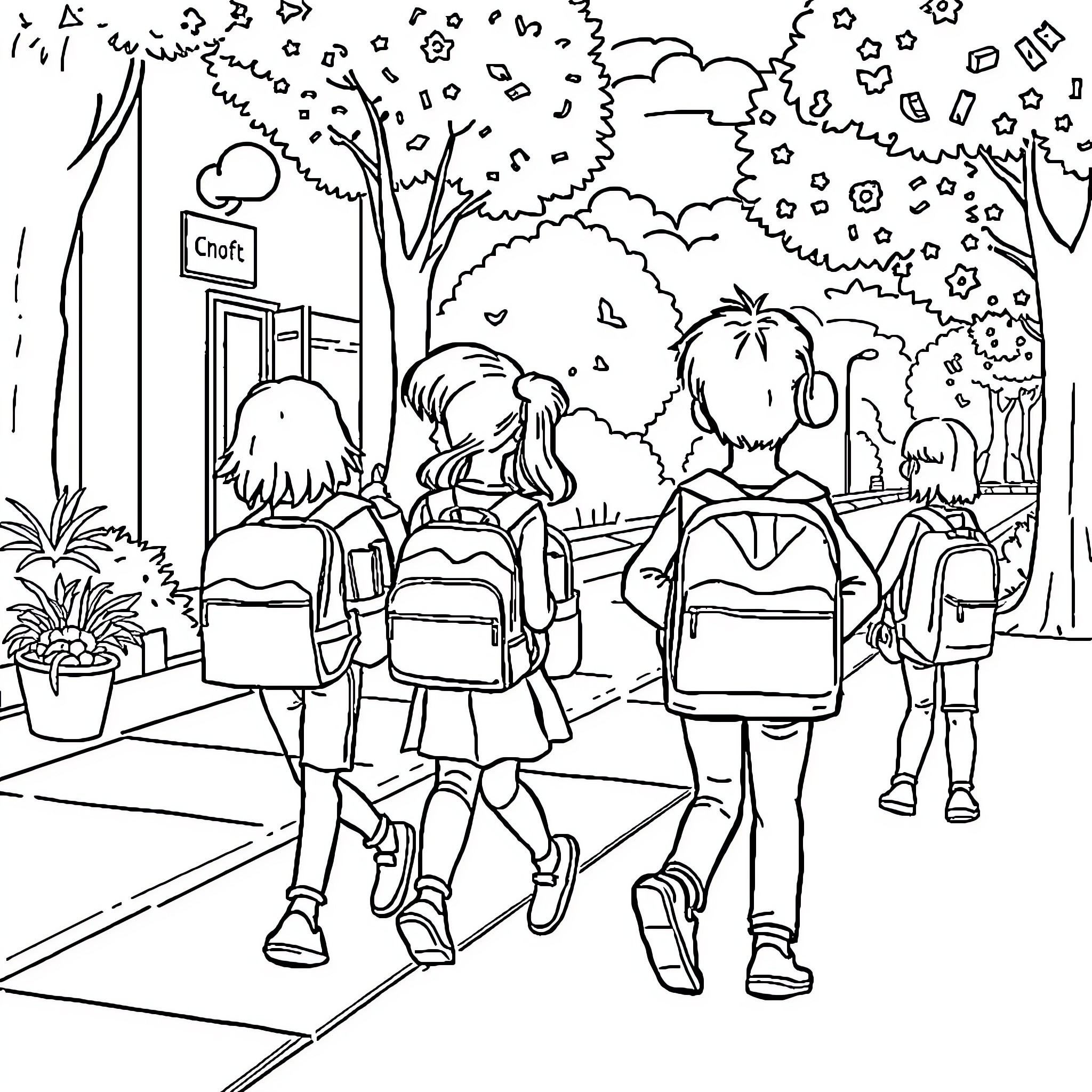 Back to School Kids Walking to Classroom Coloring Page (free black-and-white line drawing printable PDF for all, from beginners to advanced learners, including children, teens, adults, and seniors)