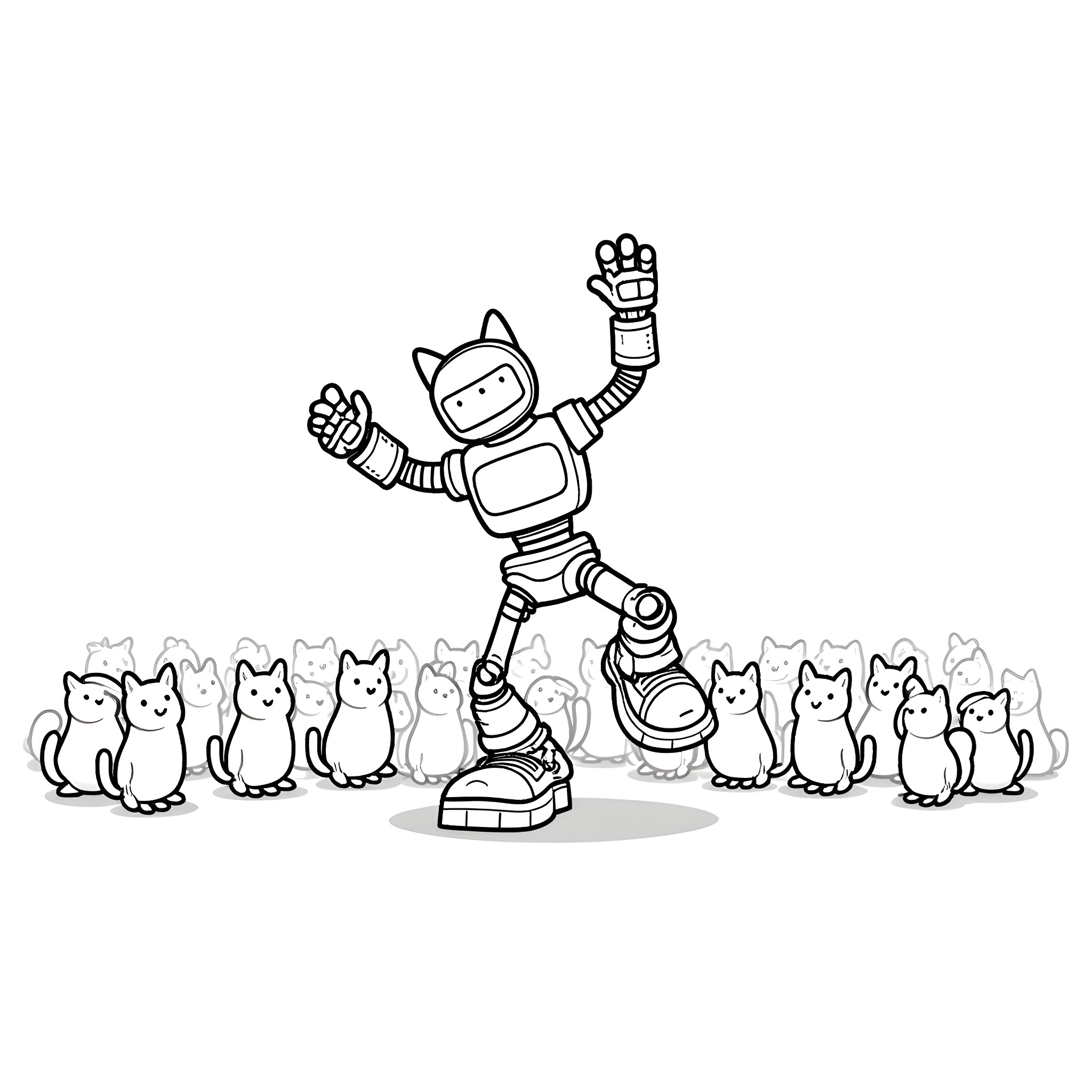 Robot entertaining cats in the park Coloring Page (free black-and-white line drawing printable PDF for all, from beginners to advanced learners, including children, teens, adults, and seniors)