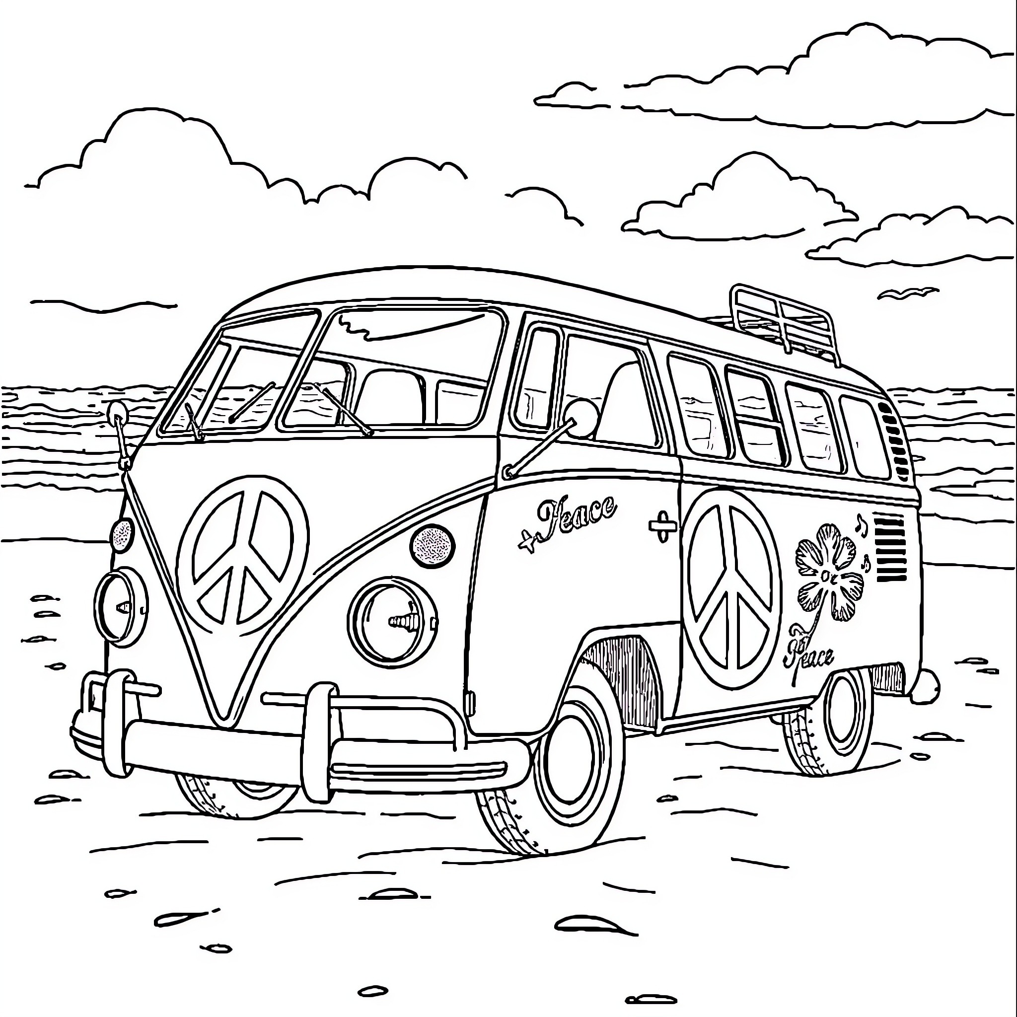 Volkswagen Bus with Flowers and Peace Signs on the Beach Coloring Page (free black-and-white line drawing printable PDF for all, from beginners to advanced learners, including children, teens, adults, and seniors)