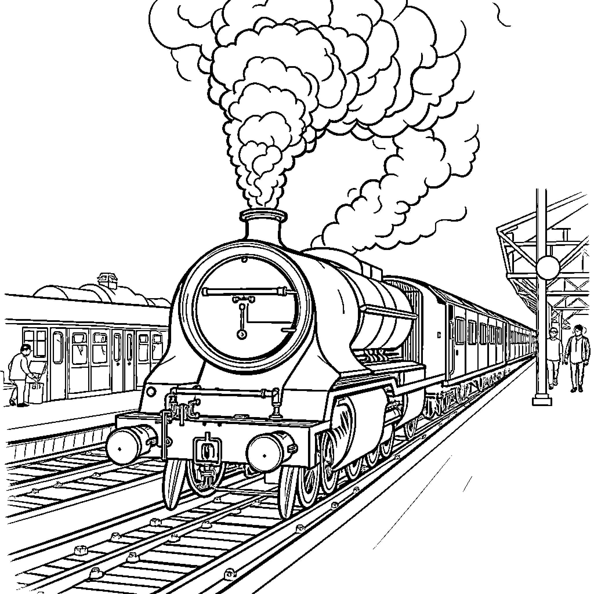 Steam Train Chugging with Billowing Smoke on Railway Platform Coloring Page (free black-and-white line drawing printable PDF for all, from beginners to advanced learners, including children, teens, adults, and seniors)