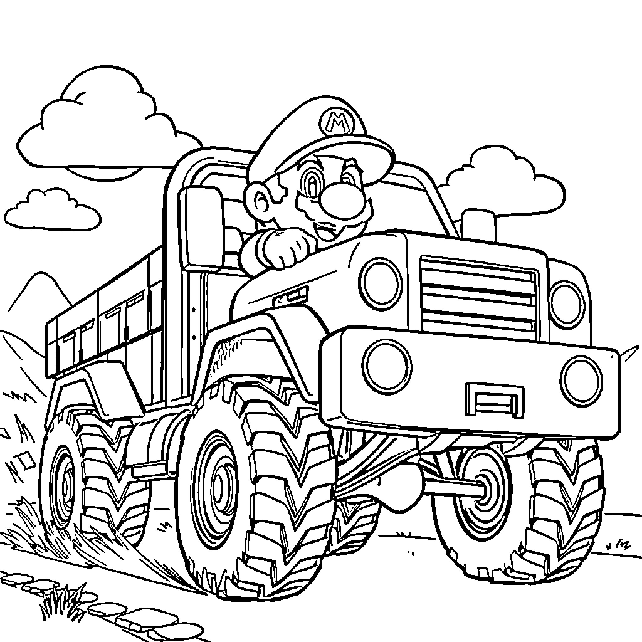Mario Driving a Monster Truck Through the Countryside Coloring Page (free black-and-white line drawing printable PDF for all, from beginners to advanced learners, including children, teens, adults, and seniors)