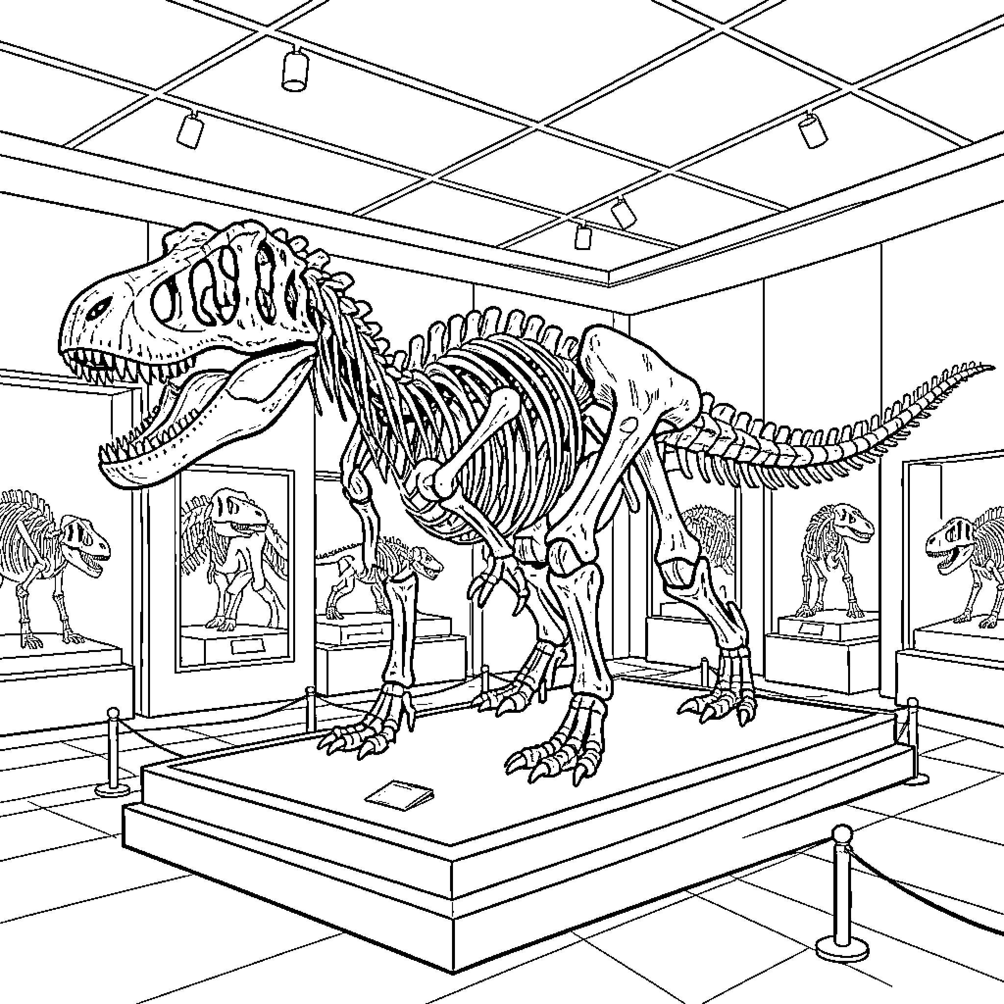 Dinosaur skeleton standing inside a museum exhibit Coloring Page (free black-and-white line drawing printable PDF for all, from beginners to advanced learners, including children, teens, adults, and seniors)