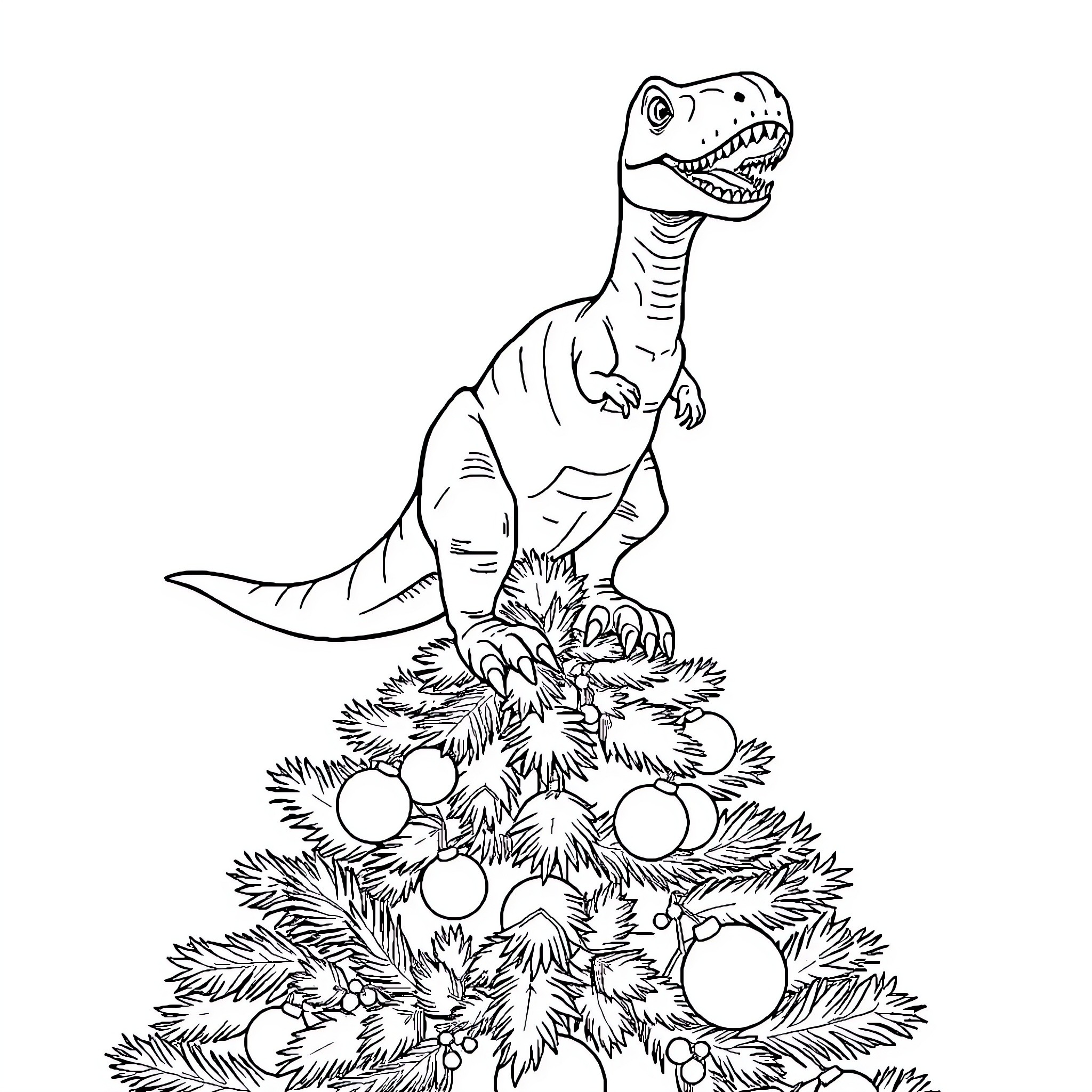 T-Rex Atop Festive Christmas Tree Coloring Page (free black-and-white line drawing printable PDF for all, from beginners to advanced learners, including children, teens, adults, and seniors)