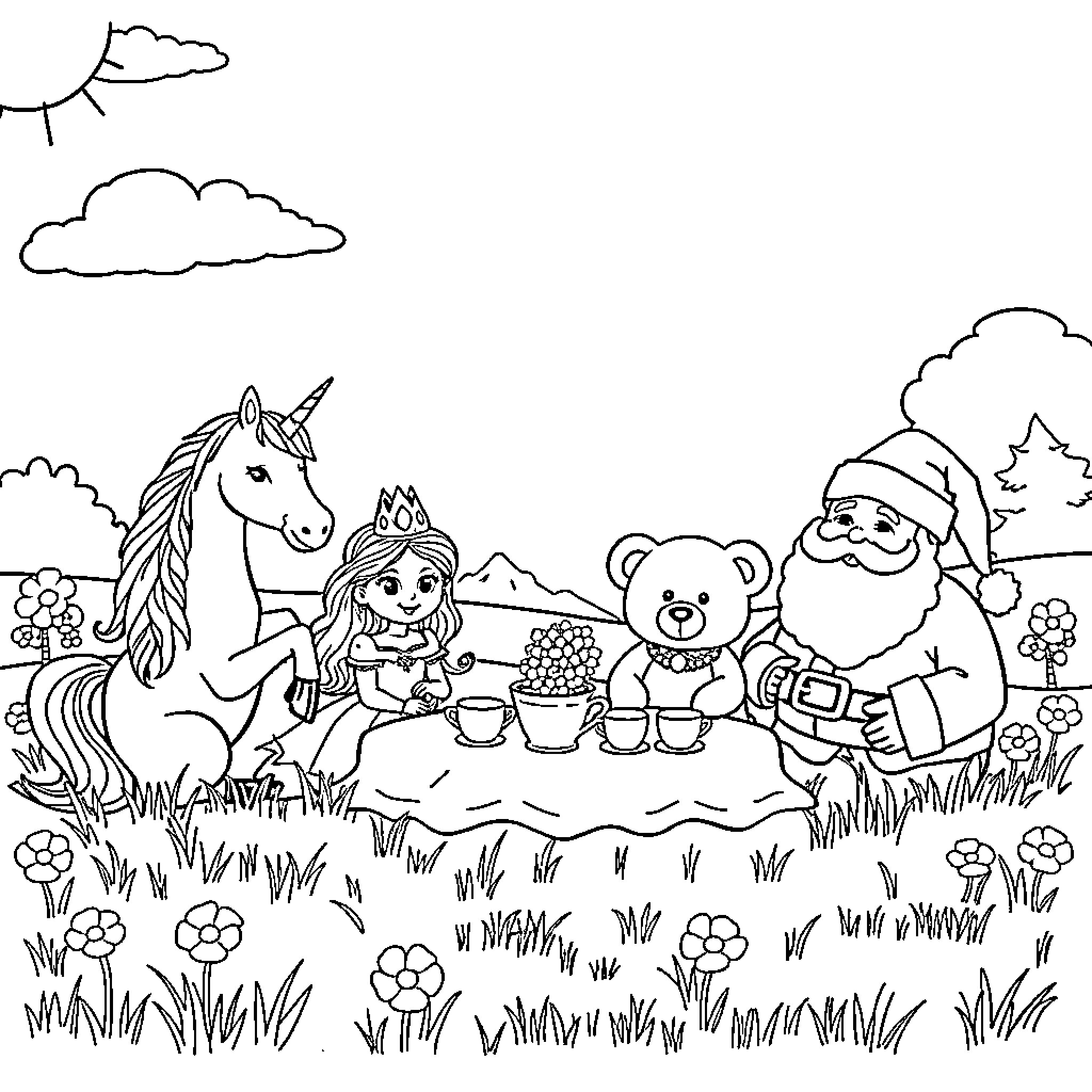 Unicorn, princess, and friends enjoy tea party in the meadow Coloring Page (free black-and-white line drawing printable PDF for all, from beginners to advanced learners, including children, teens, adults, and seniors)