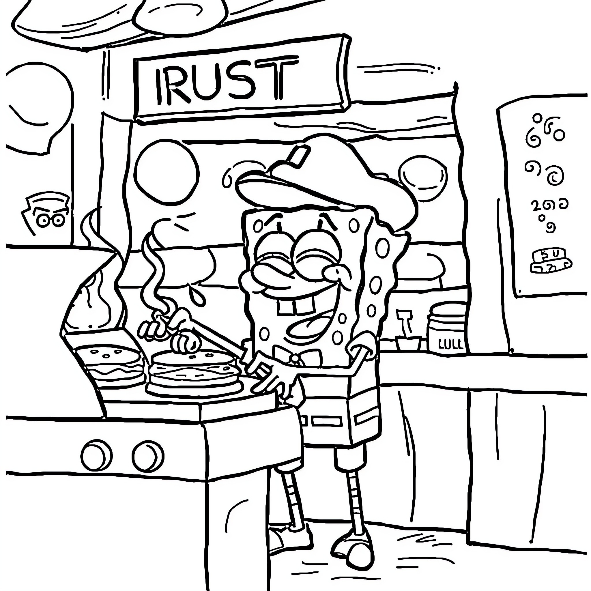 Spongebob cooking up a storm in the kitchen Coloring Page (free black-and-white line drawing printable PDF for all, from beginners to advanced learners, including children, teens, adults, and seniors)