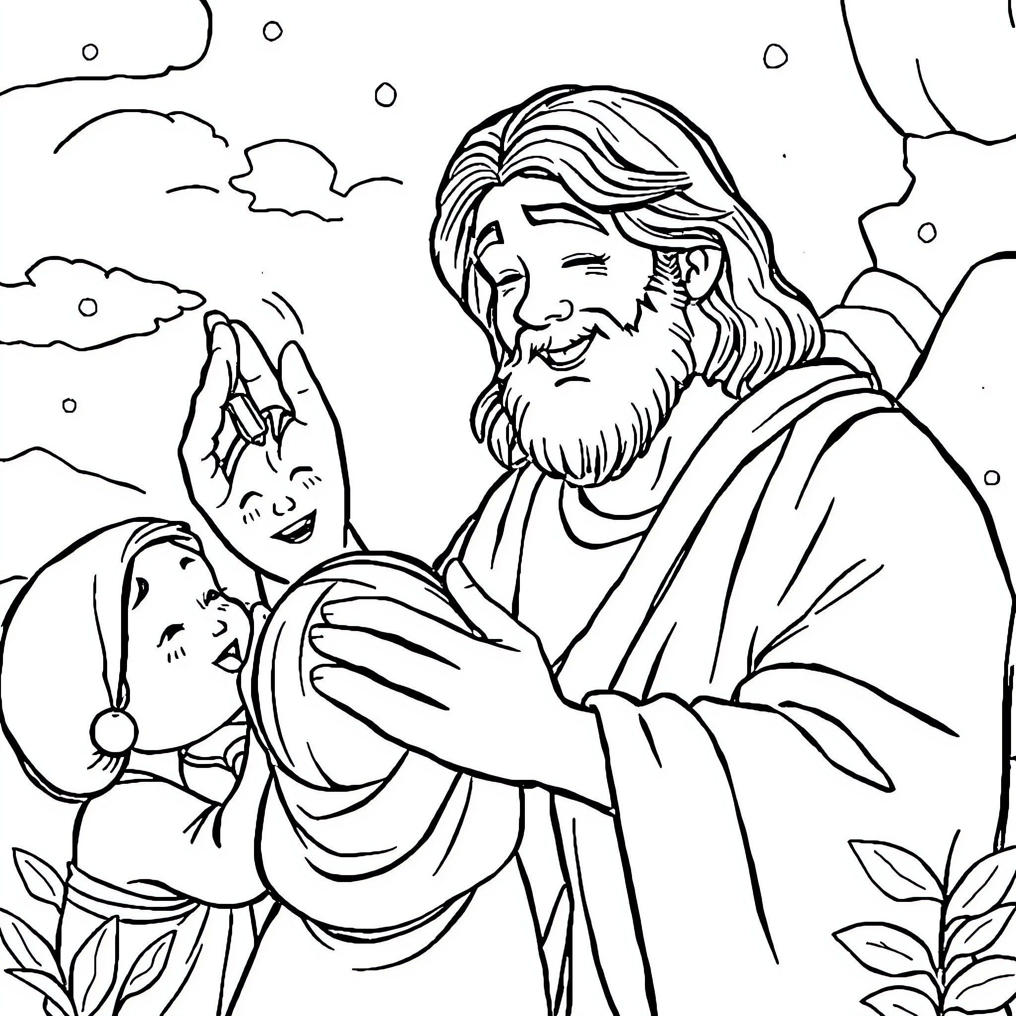 Jesus embracing and comforting children in a serene setting Coloring Page (free black-and-white line drawing printable PDF for all, from beginners to advanced learners, including children, teens, adults, and seniors)