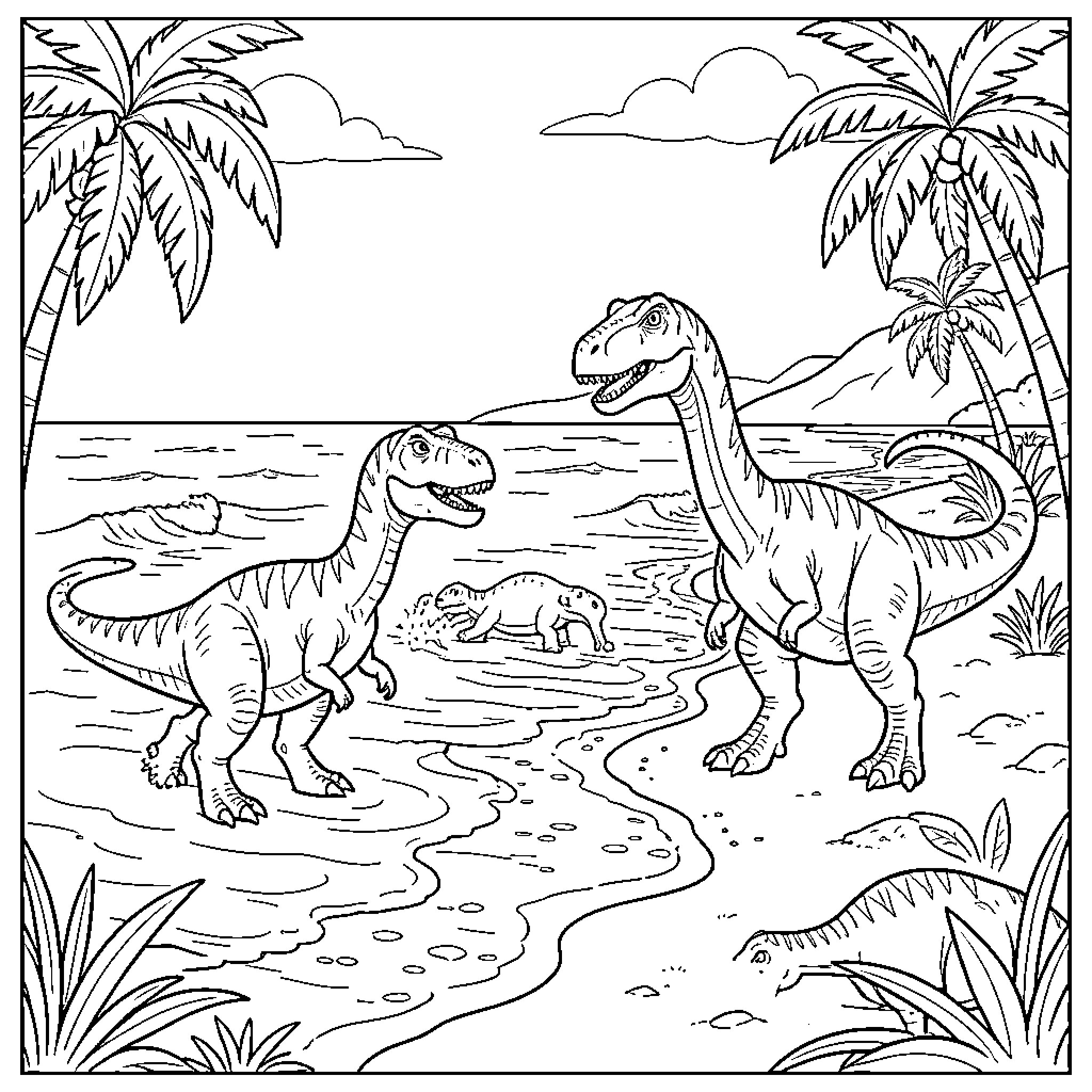 Dinosaur family walking along a tropical beach Coloring Page (free black-and-white line drawing printable PDF for all, from beginners to advanced learners, including children, teens, adults, and seniors)