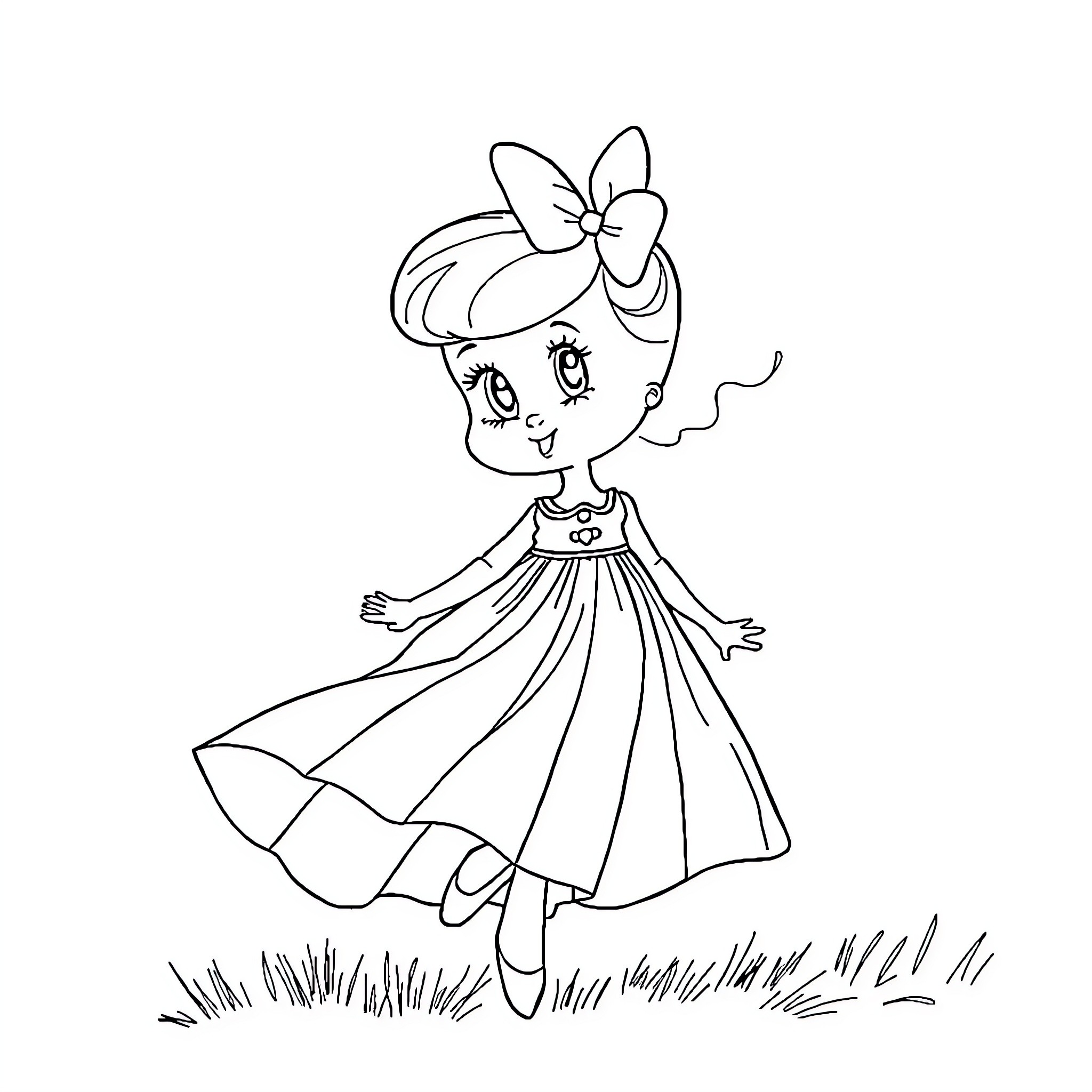 Laffy Ballerina Girl Dancing in the Meadow Coloring Page (free black-and-white line drawing printable PDF for all, from beginners to advanced learners, including children, teens, adults, and seniors)