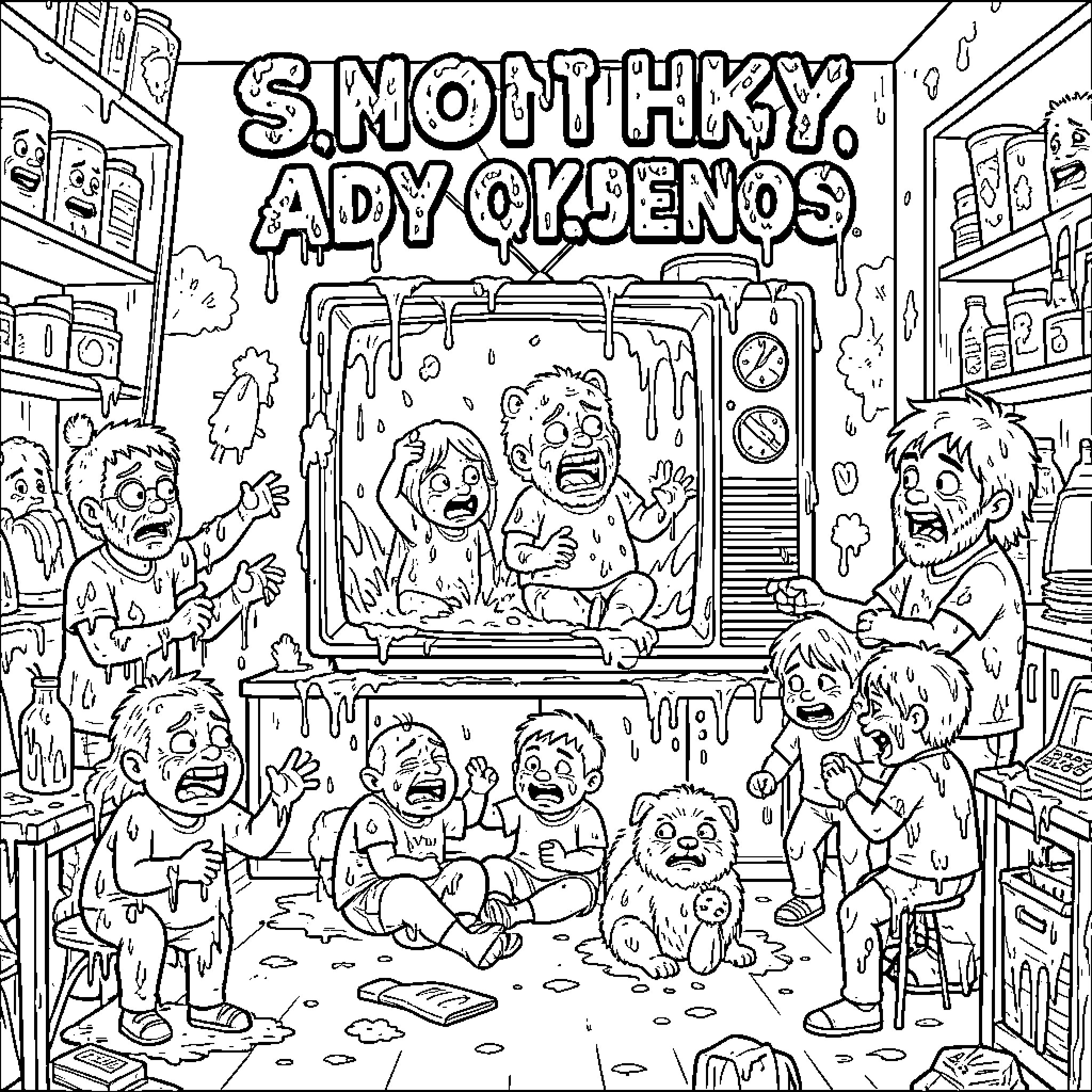 TV Show with Chaotic and Expressive Cartoon Characters Coloring Page (free black-and-white line drawing printable PDF for all, from beginners to advanced learners, including children, teens, adults, and seniors)