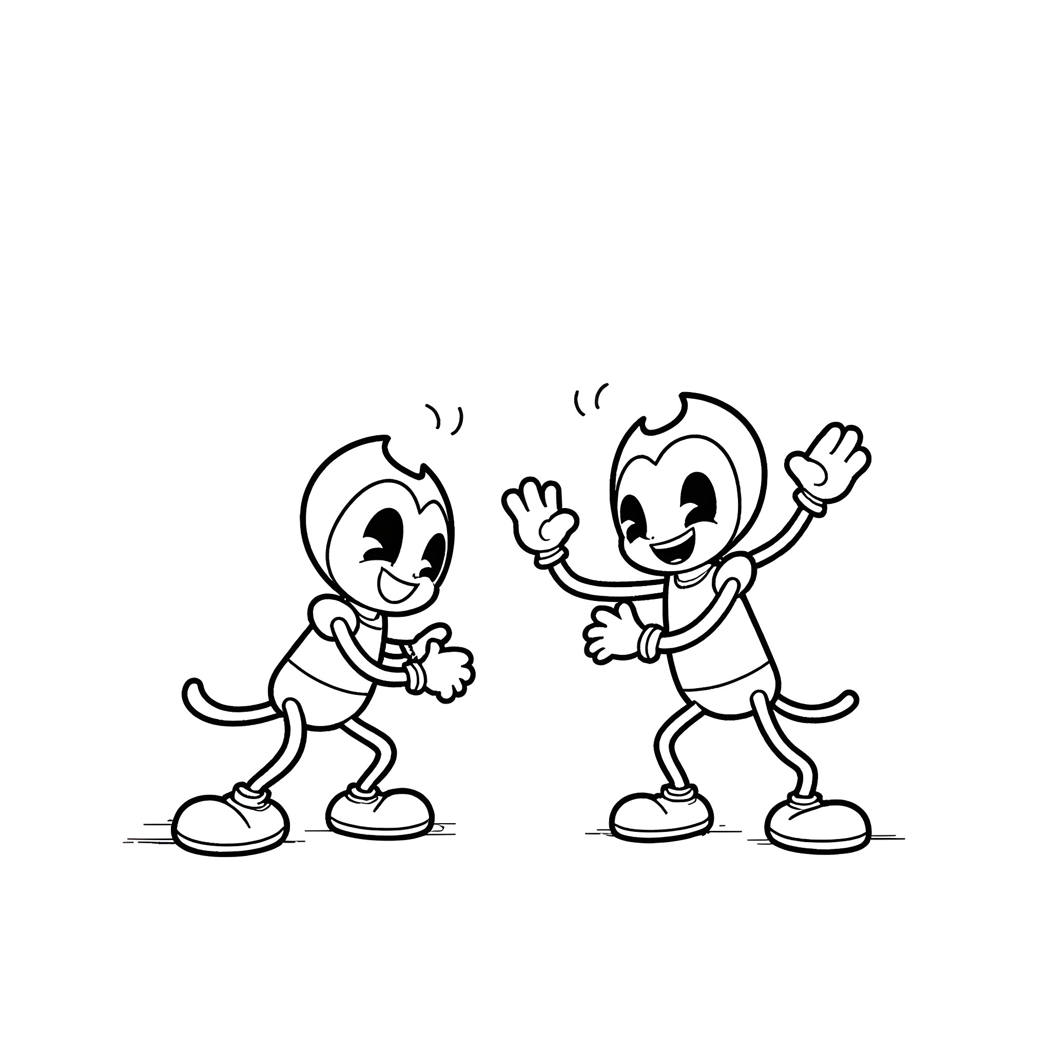 Bendy characters playing and waving happily Coloring Page (free black-and-white line drawing printable PDF for all, from beginners to advanced learners, including children, teens, adults, and seniors)