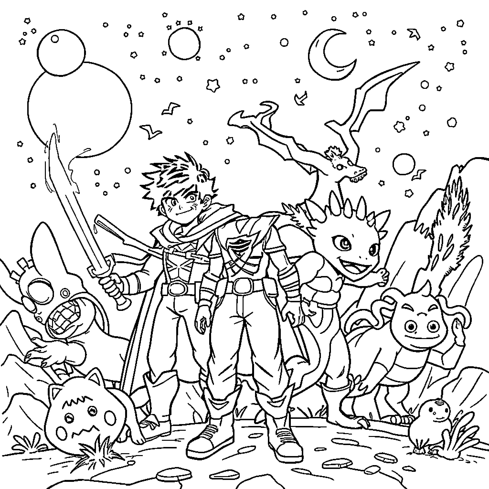 Action Figure Adventure in the Fantasy Realm Coloring Page (free black-and-white line drawing printable PDF for all, from beginners to advanced learners, including children, teens, adults, and seniors)