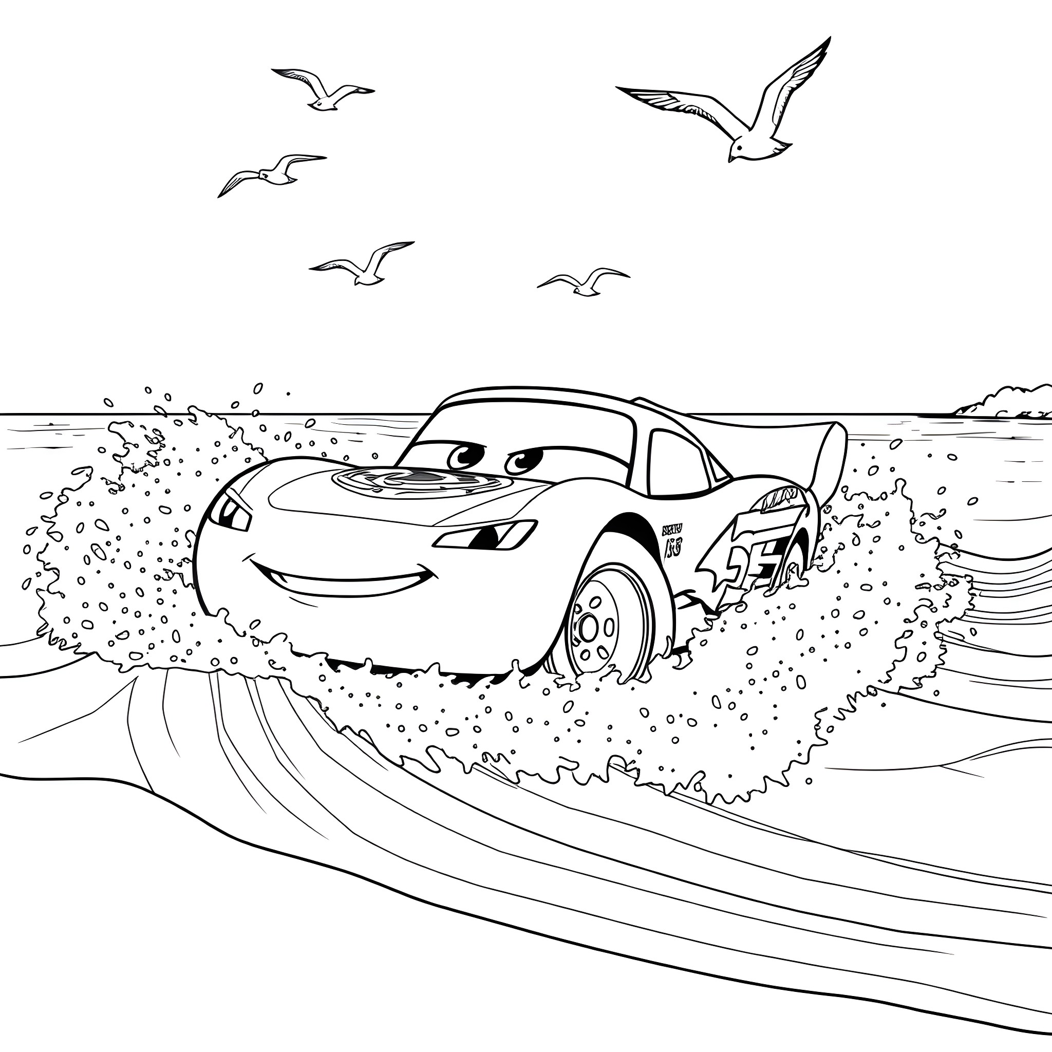 Lightning McQueen racing through the waves Coloring Page (free black-and-white line drawing printable PDF for all, from beginners to advanced learners, including children, teens, adults, and seniors)