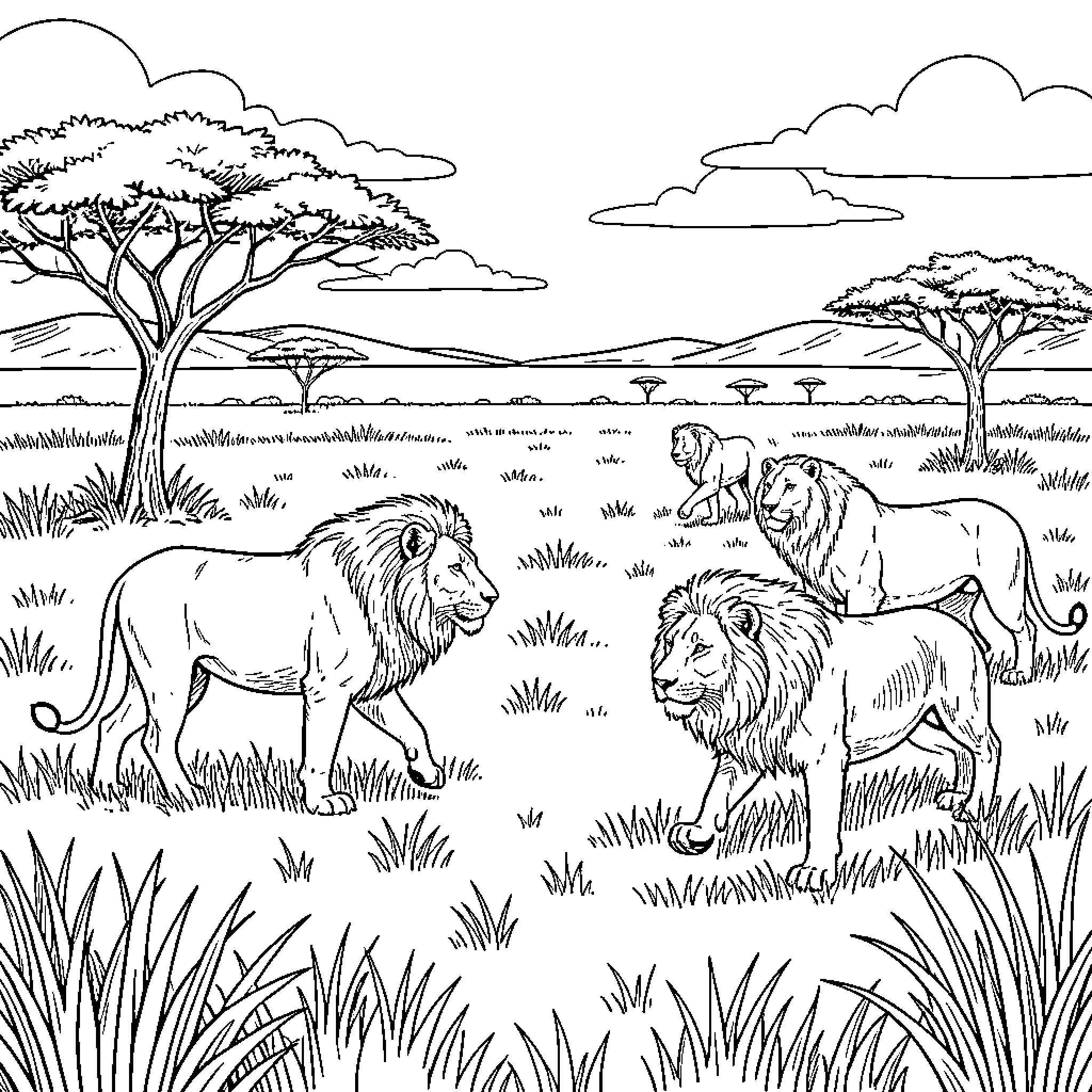 Lion pride walking through the African savanna Coloring Page (free black-and-white line drawing printable PDF for all, from beginners to advanced learners, including children, teens, adults, and seniors)