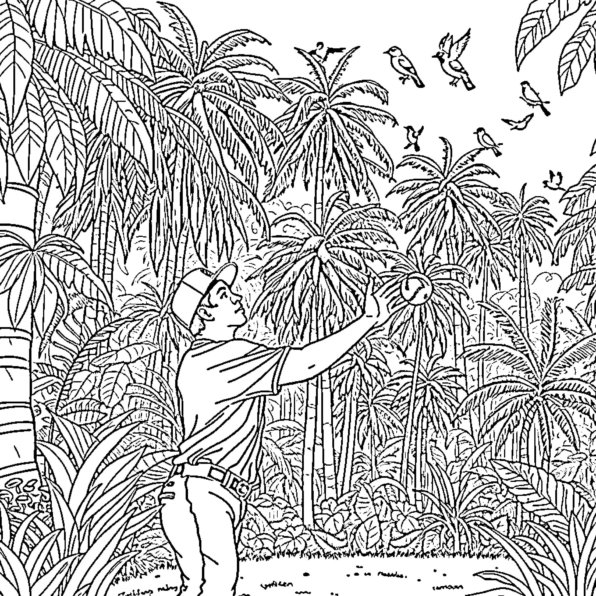 Manny Machado exploring the lush tropical jungle Coloring Page (free black-and-white line drawing printable PDF for all, from beginners to advanced learners, including children, teens, adults, and seniors)
