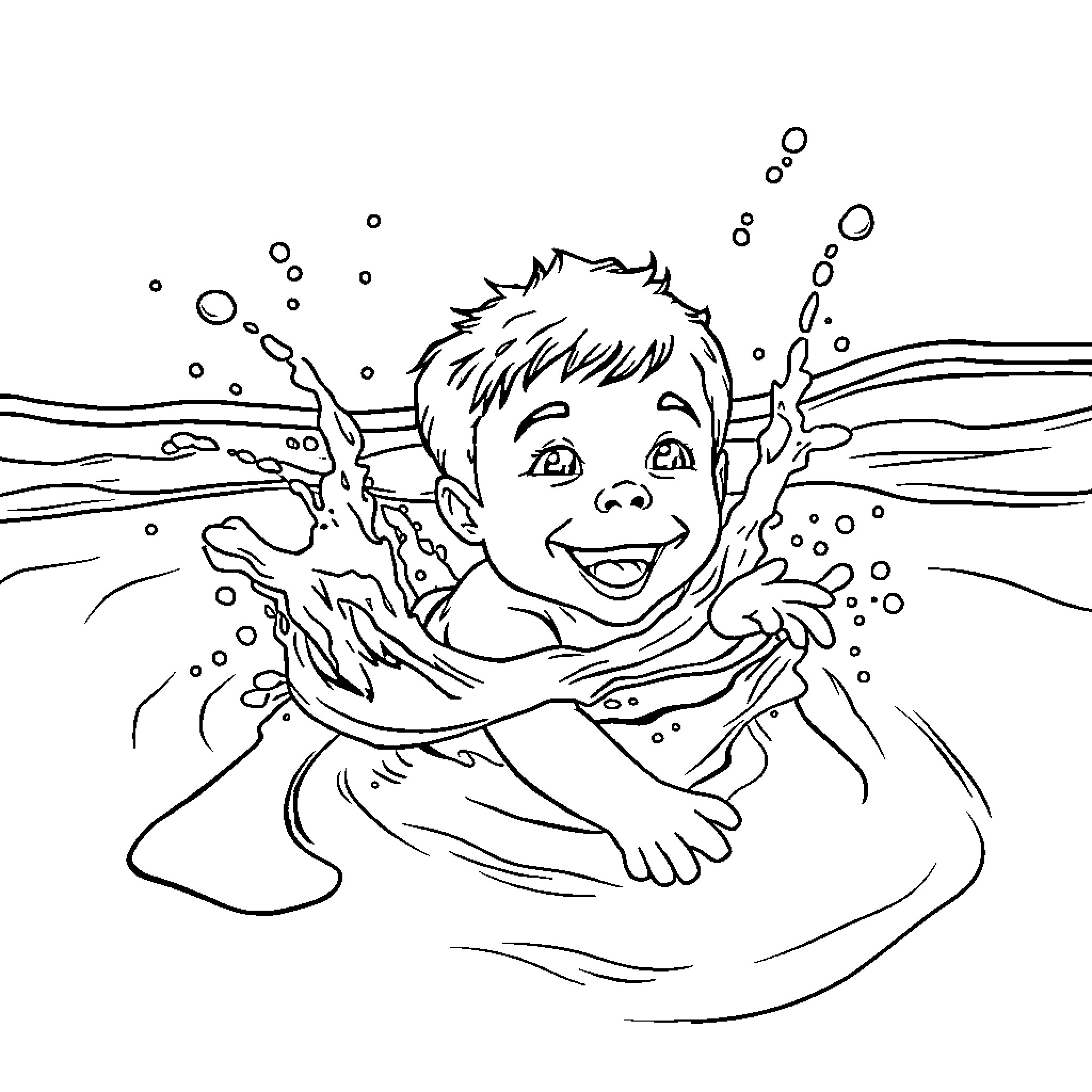 Luca joyfully swimming in the water Coloring Page (free black-and-white line drawing printable PDF for all, from beginners to advanced learners, including children, teens, adults, and seniors)