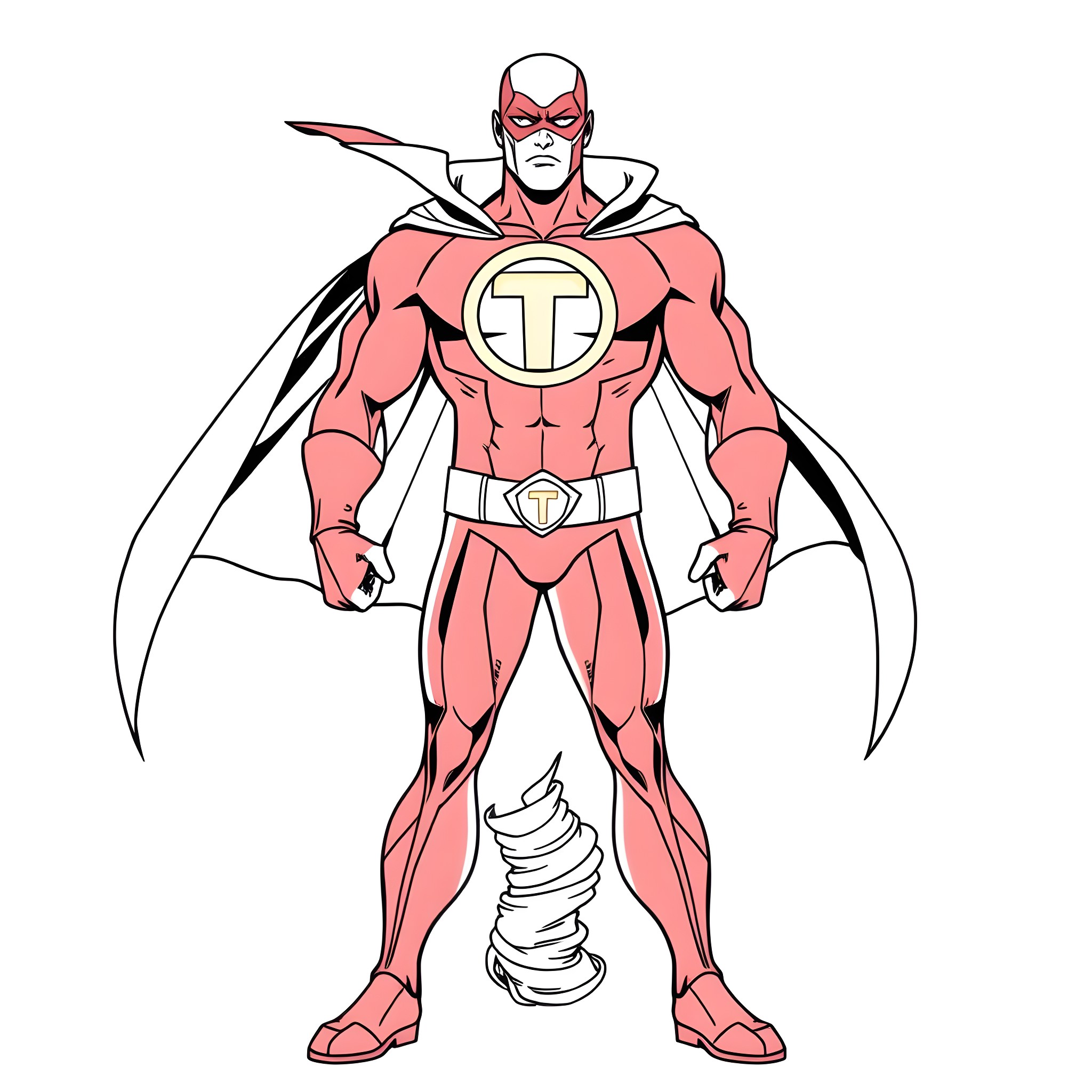 Red Tornado heroically standing in action pose Coloring Page (free black-and-white line drawing printable PDF for all, from beginners to advanced learners, including children, teens, adults, and seniors)