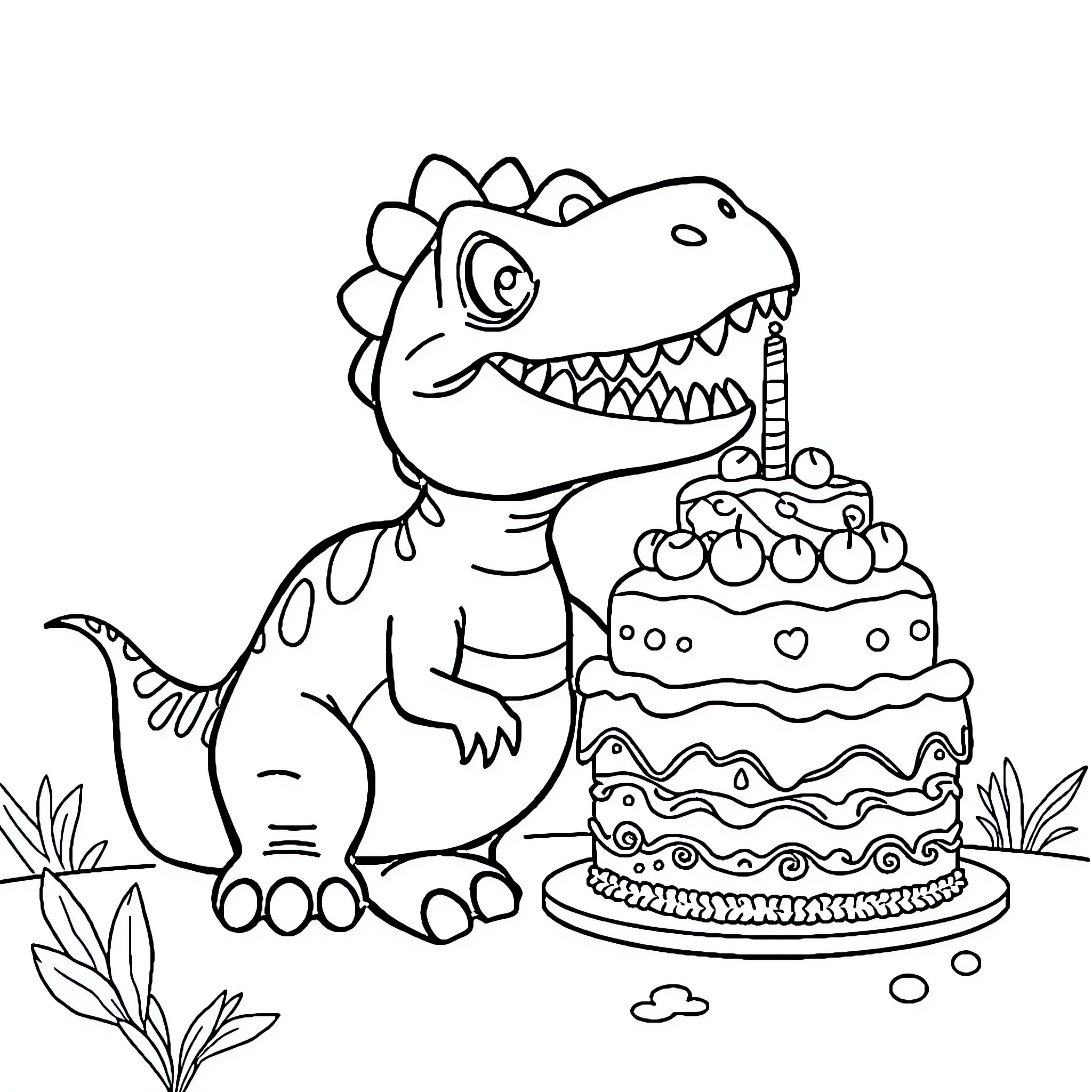 Dinosaur Birthday Party with Cake Coloring Page (free black-and-white line drawing printable PDF for all, from beginners to advanced learners, including children, teens, adults, and seniors)