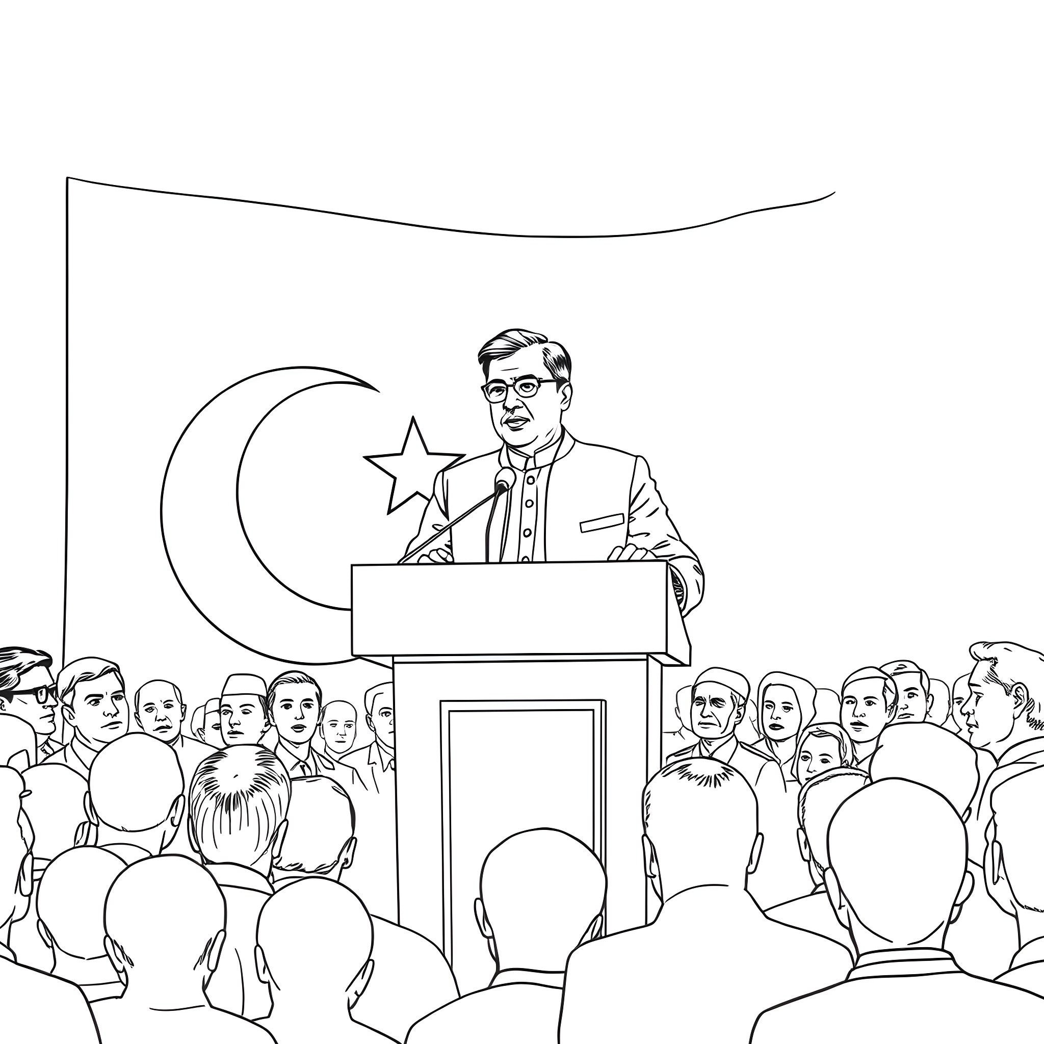 Shahbaz Sharif addressing a large crowd Coloring Page (free black-and-white line drawing printable PDF for all, from beginners to advanced learners, including children, teens, adults, and seniors)
