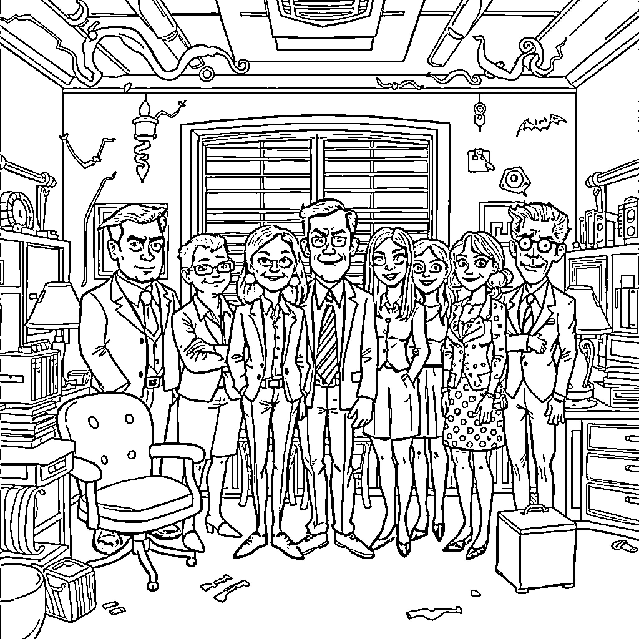 The Office: Colleagues gathered in a busy workplace Coloring Page (free black-and-white line drawing printable PDF for all, from beginners to advanced learners, including children, teens, adults, and seniors)