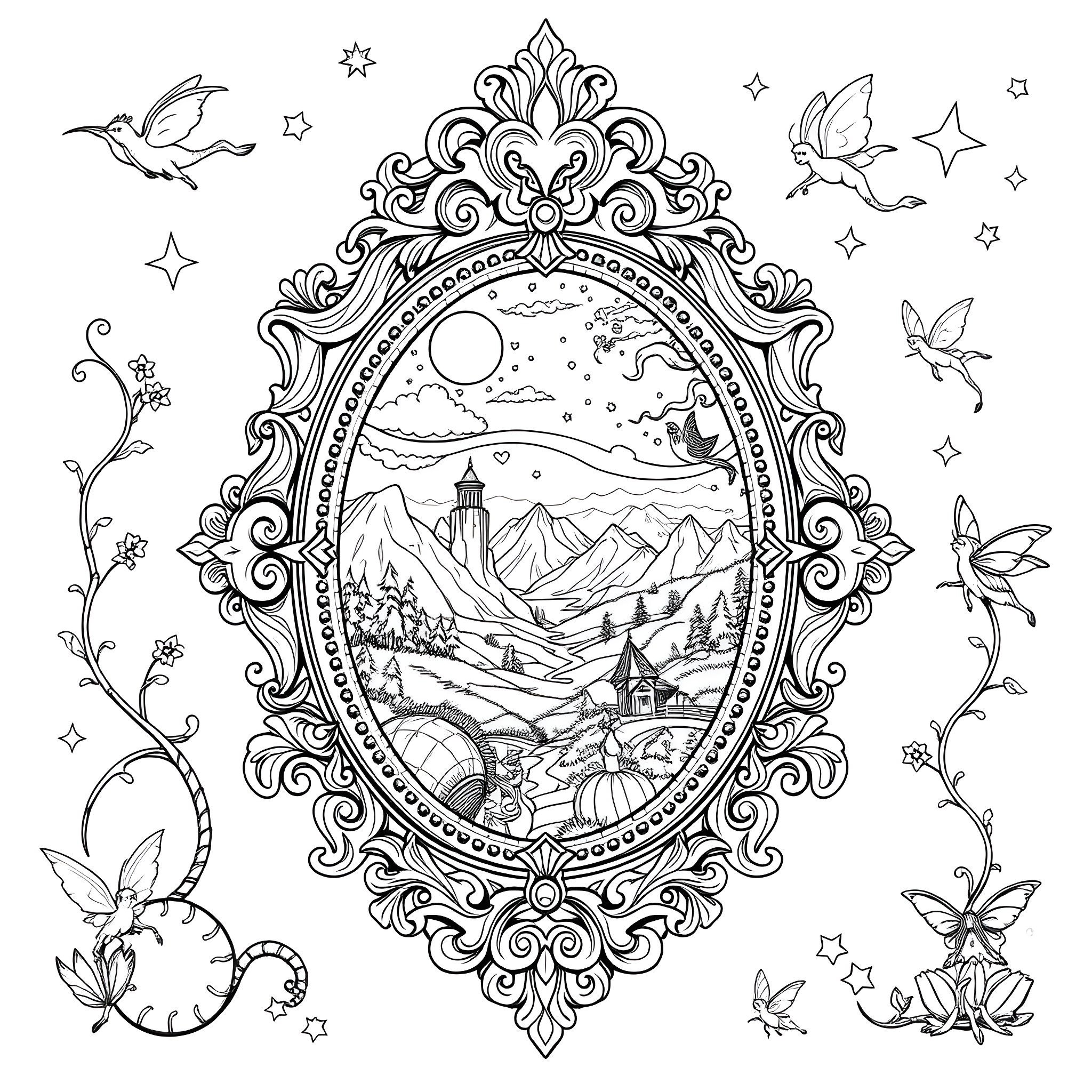 Magic Mirror with Enchanted Mountain Landscape Coloring Page (free black-and-white line drawing printable PDF for all, from beginners to advanced learners, including children, teens, adults, and seniors)